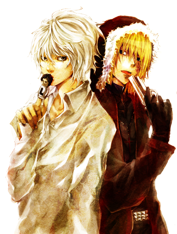 chiyo (rotsurechiriha), l (death note), mello (death note), near (death note), death note, 00s, 2boys, black eyes, blonde hair, finger puppet, gun, multiple boys, puppet, weapon, white hair