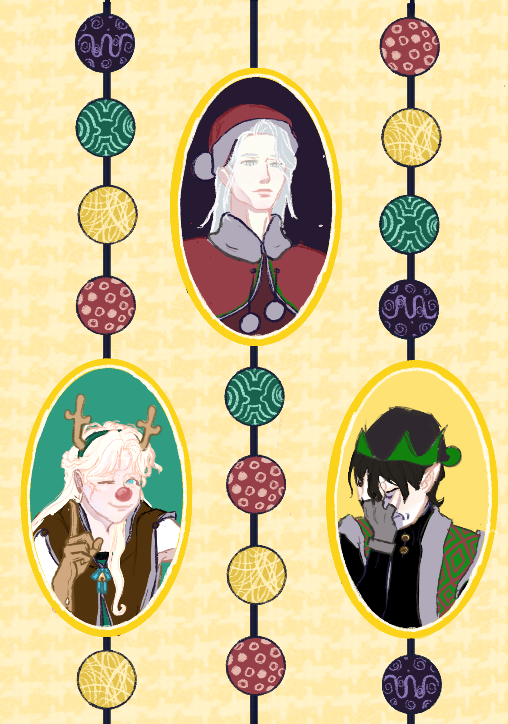 shadow slave, character request, highres, 1girl, 2boys, ;), alternate costume, antlers, blonde hair, blue eyes, broken sword (shadow slave), brown gloves, christmas ornaments, curtained hair, elf hat, facepalm, fingerless gloves, gloves, grey eyes, grey gloves, hand up, hat, horns, long hair, multiple boys, one eye closed, oval, pennynickledime, pointy ears, portrait (object), reindeer antlers, santa hat, smile, smile of heaven, upper body, white hair