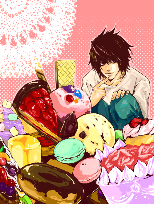 chiyo (rotsurechiriha), l (death note), death note, non-web source, 00s, 1boy, black eyes, black hair, cake, candy, chocolate, dessert, donut, food, fruit, ice cream, macaron, macaroon, male focus, marshmallow, pastry, pocky, pudding, sitting, solo, tart (food), wafer