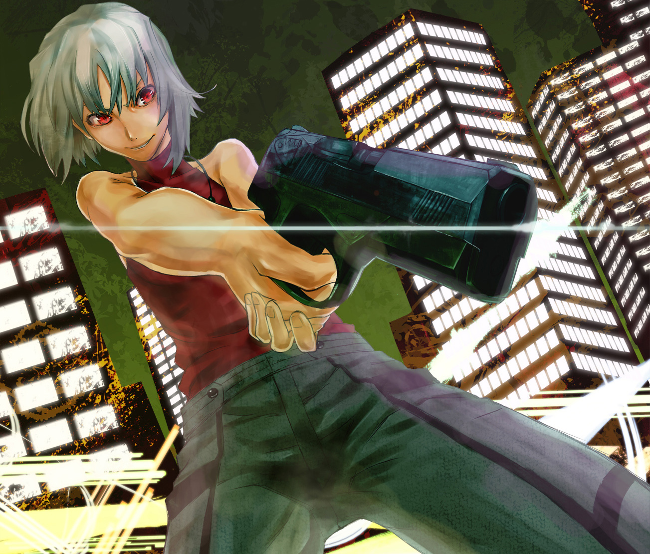 under-siege, canaan (character), 428, 428: fuusa sareta shibuya de, canaan (series), chunsoft, gender request, androgynous, bare shoulders, grey hair, grin, gun, muscular, red eyes, reverse trap, sleeveless, sleeveless turtleneck, smile, solo, turtleneck, weapon