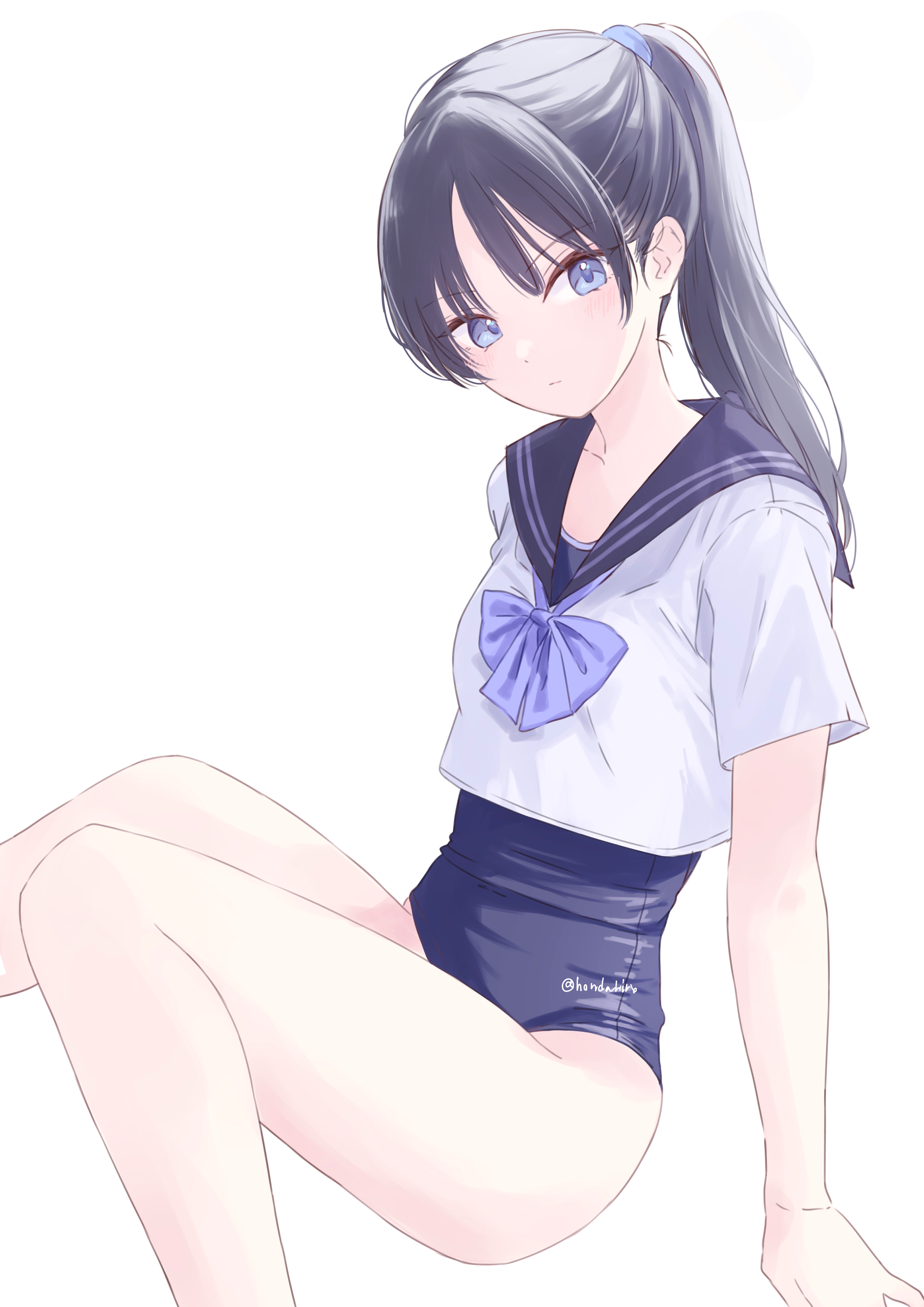 hondahiro, original, absurdres, highres, 1girl, black hair, black one-piece swimsuit, black sailor collar, blue eyes, blush, breasts, closed mouth, long hair, looking at viewer, one-piece swimsuit, ponytail, sailor collar, school swimsuit, school uniform, scrunchie, shirt, short sleeves, simple background, small breasts, solo, swimsuit, swimsuit under clothes, white background, white shirt