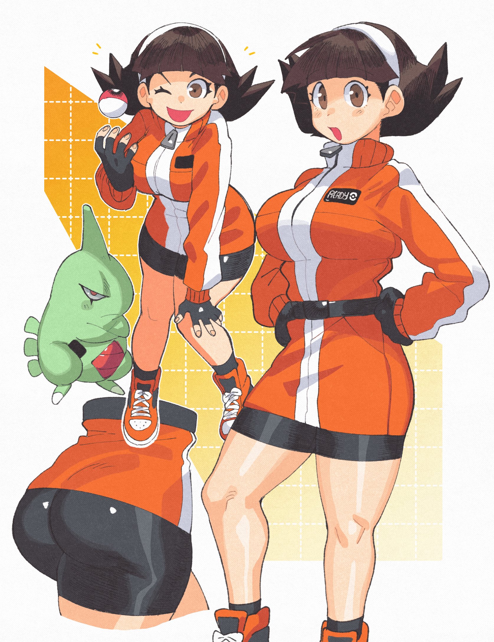 inkerton-kun, ace trainer (female) (pokemon gsc), ace trainer (pokemon), larvitar, nintendo, pokemon, pokemon gsc, commentary, english commentary, highres, 1girl, ass, ass focus, ball toss, bike shorts, black gloves, black shorts, blunt bangs, brown eyes, brown hair, crossed arms, fingerless gloves, flipped hair, frown, full body, gen 2 pokemon, gloves, hairband, hand on own knee, hands on own hips, high collar, holding, holding poke ball, jacket, knees together feet apart, leaning forward, long sleeves, multiple views, one eye closed, open mouth, orange jacket, orange shoes, parted lips, poke ball, poke ball (basic), pokemon (creature), shoes, short hair, shorts, smile, sneakers, solo focus, standing, white hairband, zipper pull tab