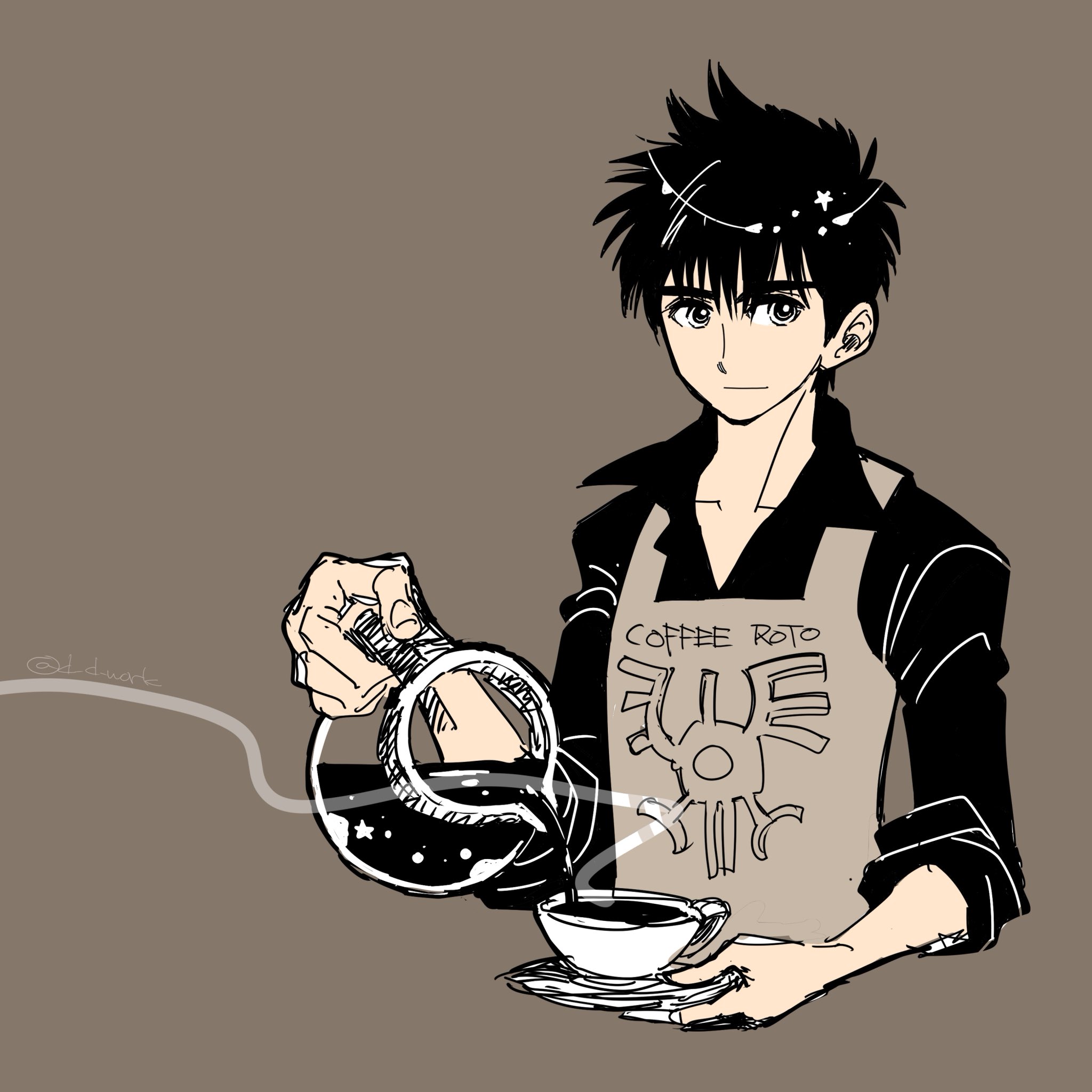 d d work, hero (dq1), dragon quest, dragon quest i, commentary request, highres, 1boy, apron, barista, black hair, black shirt, brown apron, brown background, coffee, collared shirt, cropped torso, cup, hair between eyes, holding, holding coffee pot, holding cup, looking at viewer, pouring, roto's emblem, shirt, short hair, sleeves rolled up, solo, steaming cup, upper body
