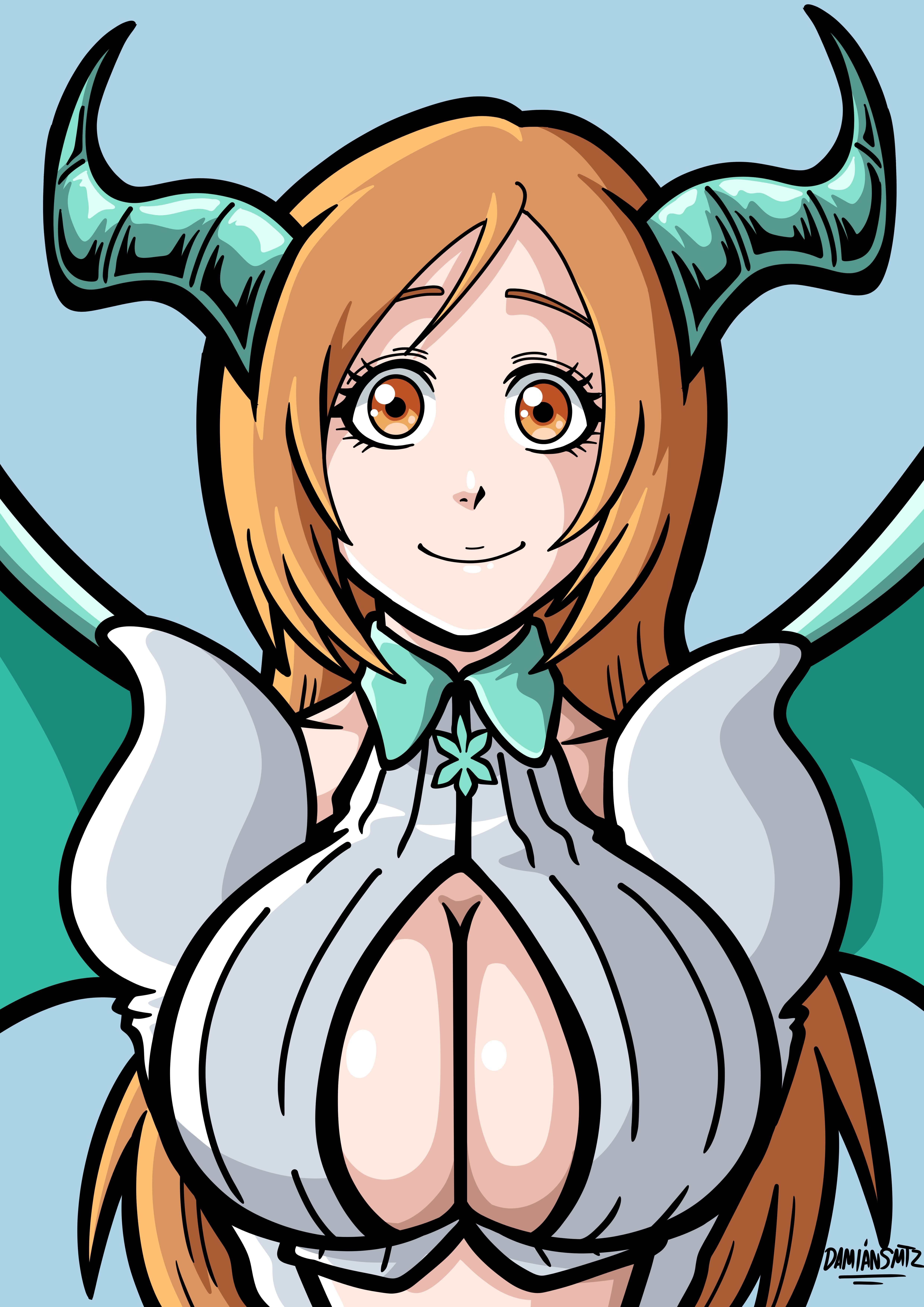 inoue orihime, bleach, bleach: sennen kessen-hen, tagme, 1girl, breasts, cleavage, cleavage cutout, clothing cutout, hair ornament, long hair, orange eyes, orange hair