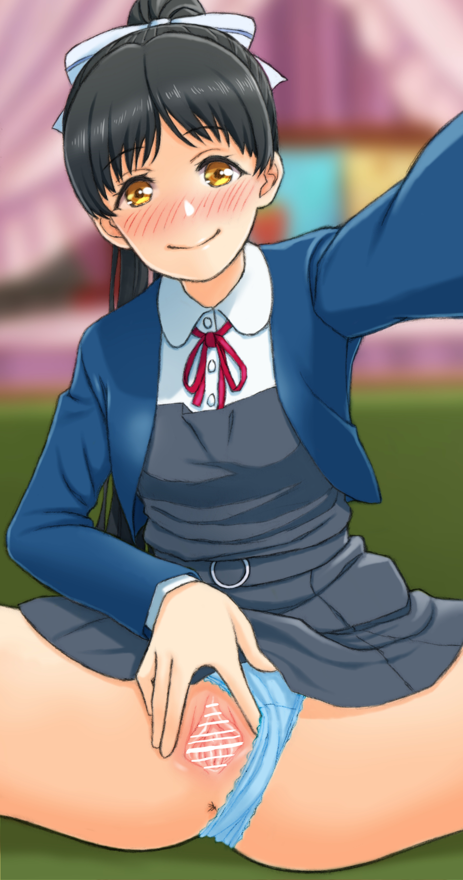 eno tato, hazuki ren, love live!, love live! superstar!!, 1girl, anus, bar censor, black hair, blue jacket, blue panties, blush, brown eyes, censored, dress, grey dress, hair ribbon, jacket, long hair, long sleeves, neck ribbon, panties, ponytail, pussy, red ribbon, ribbon, selfie, shirt, smile, solo, spread legs, spread pussy, spreading own pussy, underwear, white shirt, yuigaoka school uniform