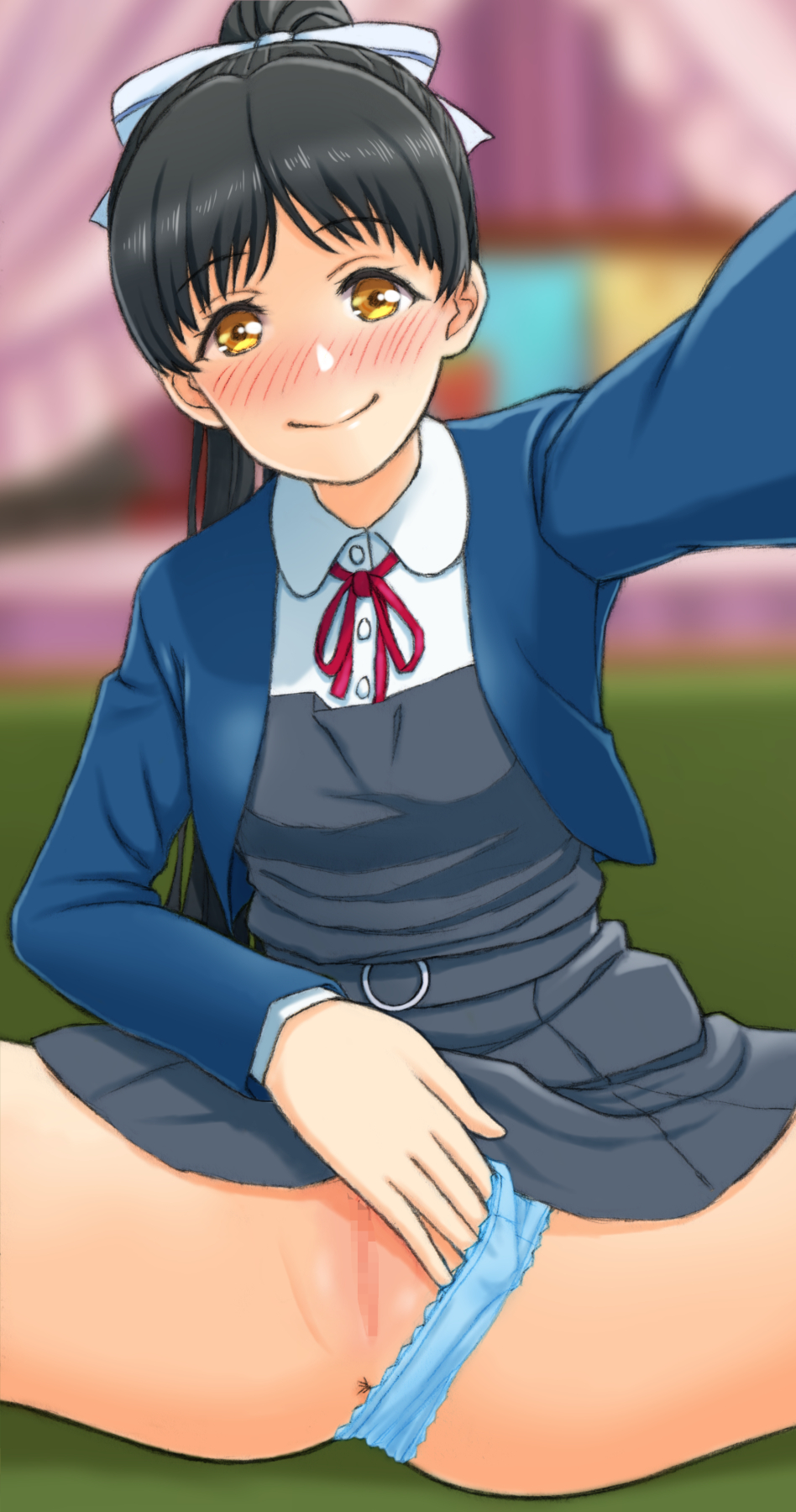 eno tato, hazuki ren, love live!, love live! superstar!!, 1girl, anus, black hair, blue jacket, blue panties, blush, brown eyes, censored, dress, grey dress, hair ribbon, jacket, long hair, long sleeves, mosaic censoring, neck ribbon, panties, ponytail, pussy, red ribbon, ribbon, selfie, shirt, smile, solo, spread legs, underwear, white shirt, yuigaoka school uniform