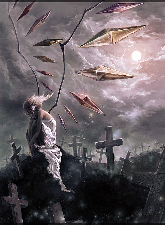 crowdesu, flandre scarlet, touhou, bad id, bad pixiv id, 1girl, blonde hair, cross, female focus, flower, graveyard, hair ornament, moon, short hair, solo, wings
