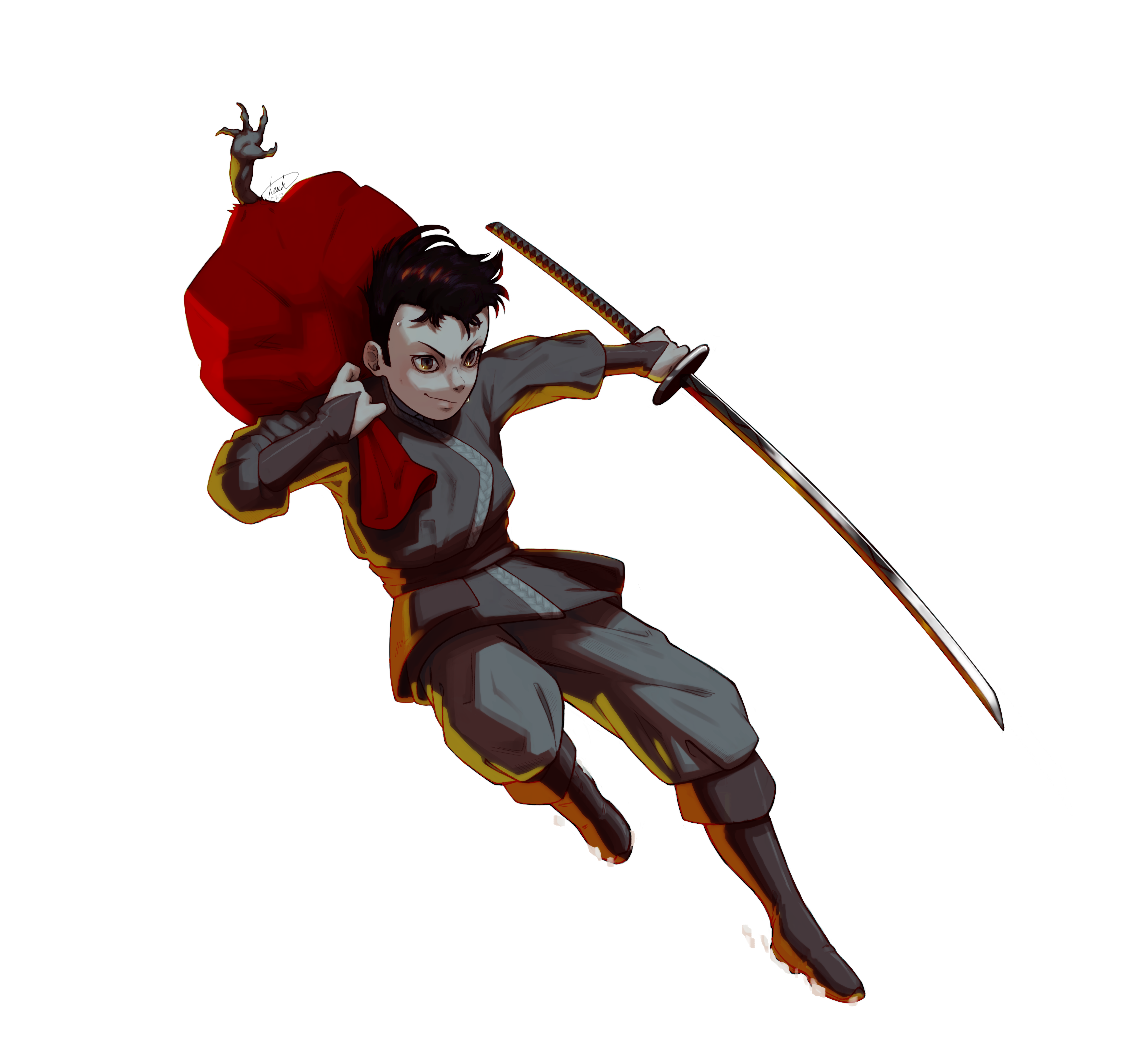 sunny (shadow slave), shadow slave, absurdres, character request, check character, highres, 1boy, 1other, bag, bag over head, black hair, black robe, black tunic, boots, full body, holding, holding bag, holding sword, holding weapon, leuk regnaro, male focus, outstretched arm, robe, short hair, sword, tunic, weapon