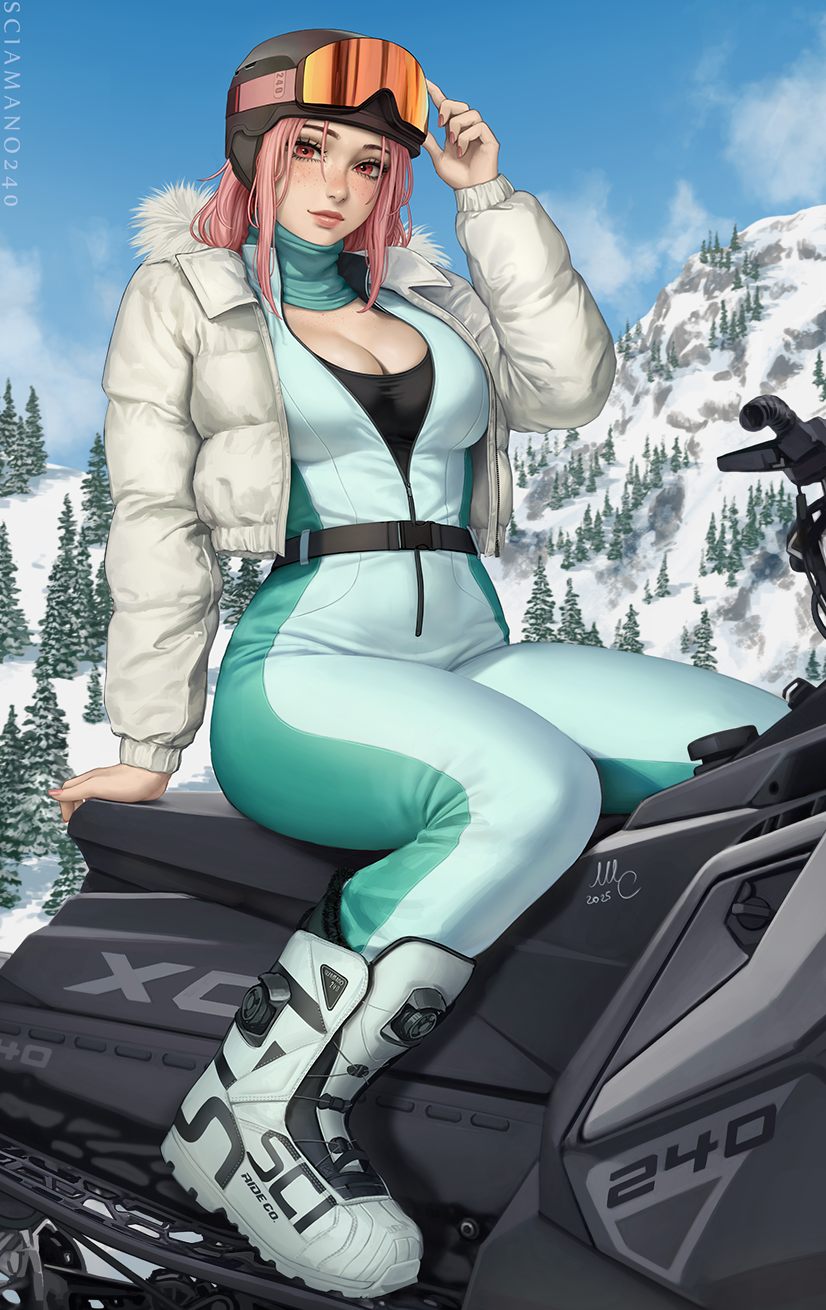sciamano240, chloe (sciamano240), original, commentary, english commentary, highres, 1girl, bodysuit, boots, breasts, cleavage, freckles, fur-trimmed jacket, fur trim, goggles, goggles on headwear, helmet, jacket, large breasts, lips, long hair, looking at viewer, neck warmer, open clothes, open jacket, partially unzipped, pink eyes, pink hair, sitting, snow, snowmobile, solo, zipper pull tab