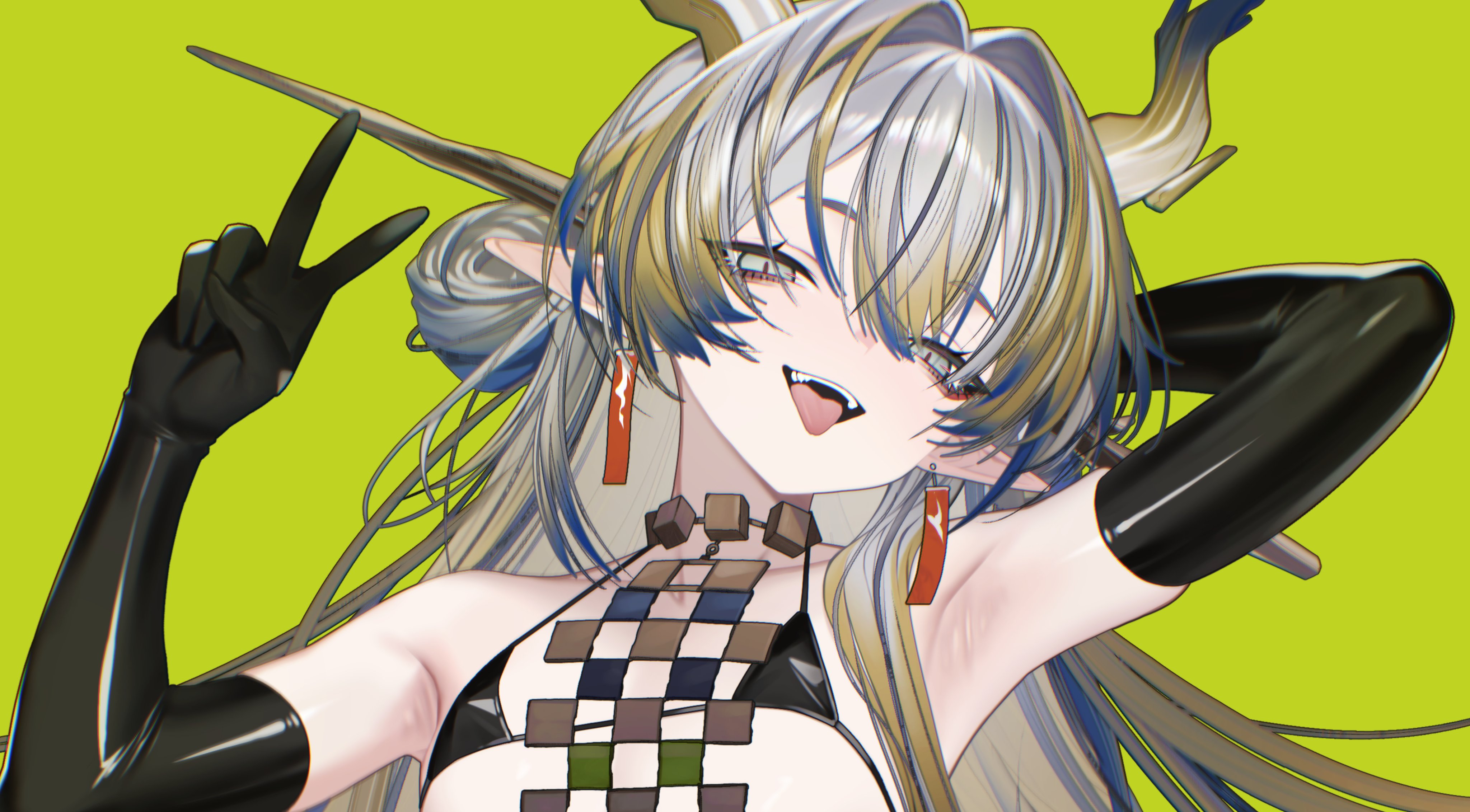 vxdrq, shu (arknights), arknights, absurdres, commentary request, highres, 1girl, arm behind head, armpits, bare shoulders, bikini, blonde hair, blue hair, dragon horns, earrings, gloves, hair bun, hair intakes, horns, jewelry, latex, latex gloves, long hair, looking at viewer, micro bikini, multicolored hair, open mouth, pointy ears, presenting armpit, simple background, smile, swimsuit, tongue, tongue out, v
