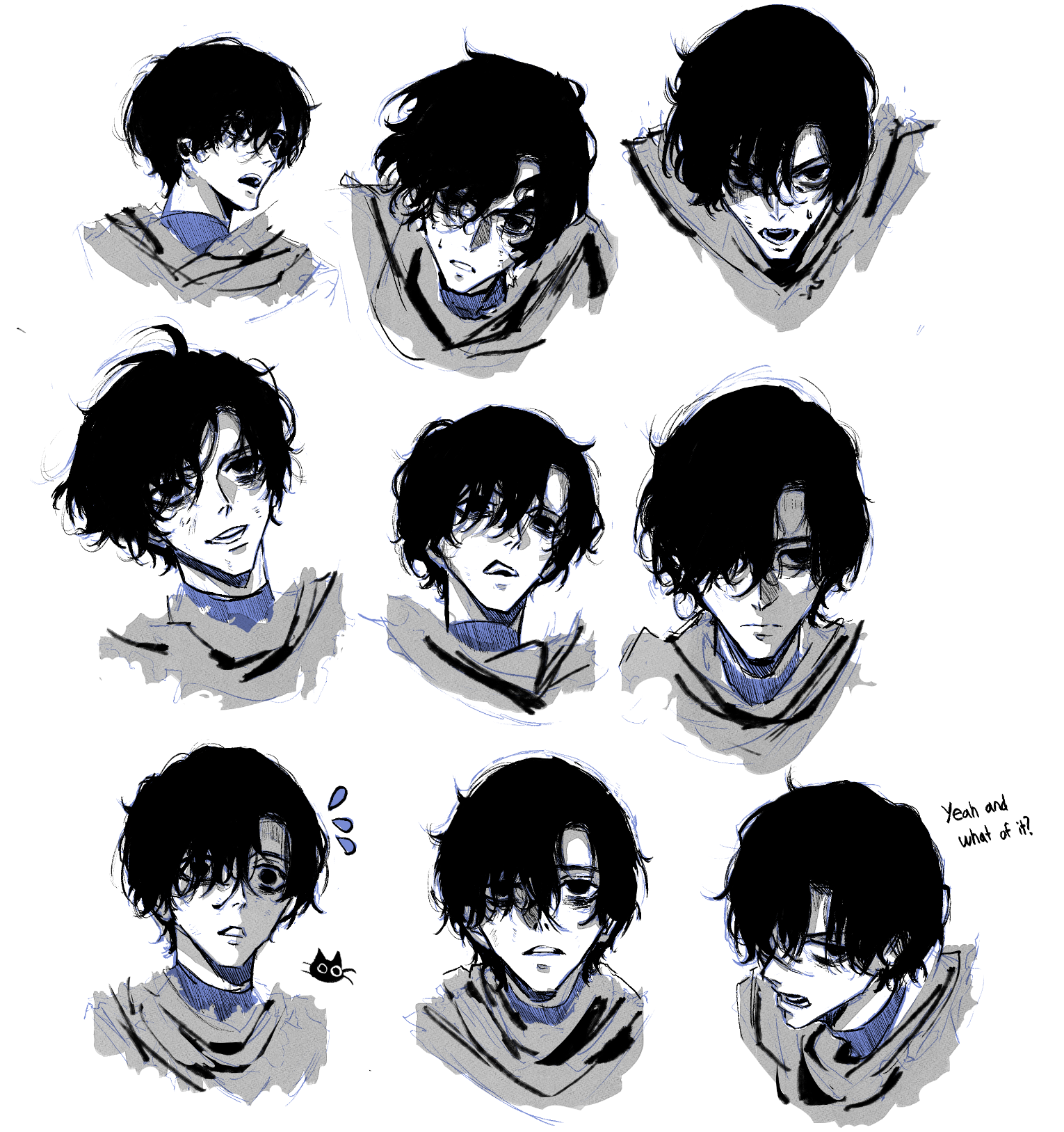 ellieaedon, sunny (shadow slave), shadow slave, commentary, english commentary, highres, 1boy, bags under eyes, black eyes, black hair, blue shirt, english text, grey tunic, grin, multiple expressions, multiple views, nervous, open mouth, portrait, shirt, short hair, smile, tunic, undershirt, worried