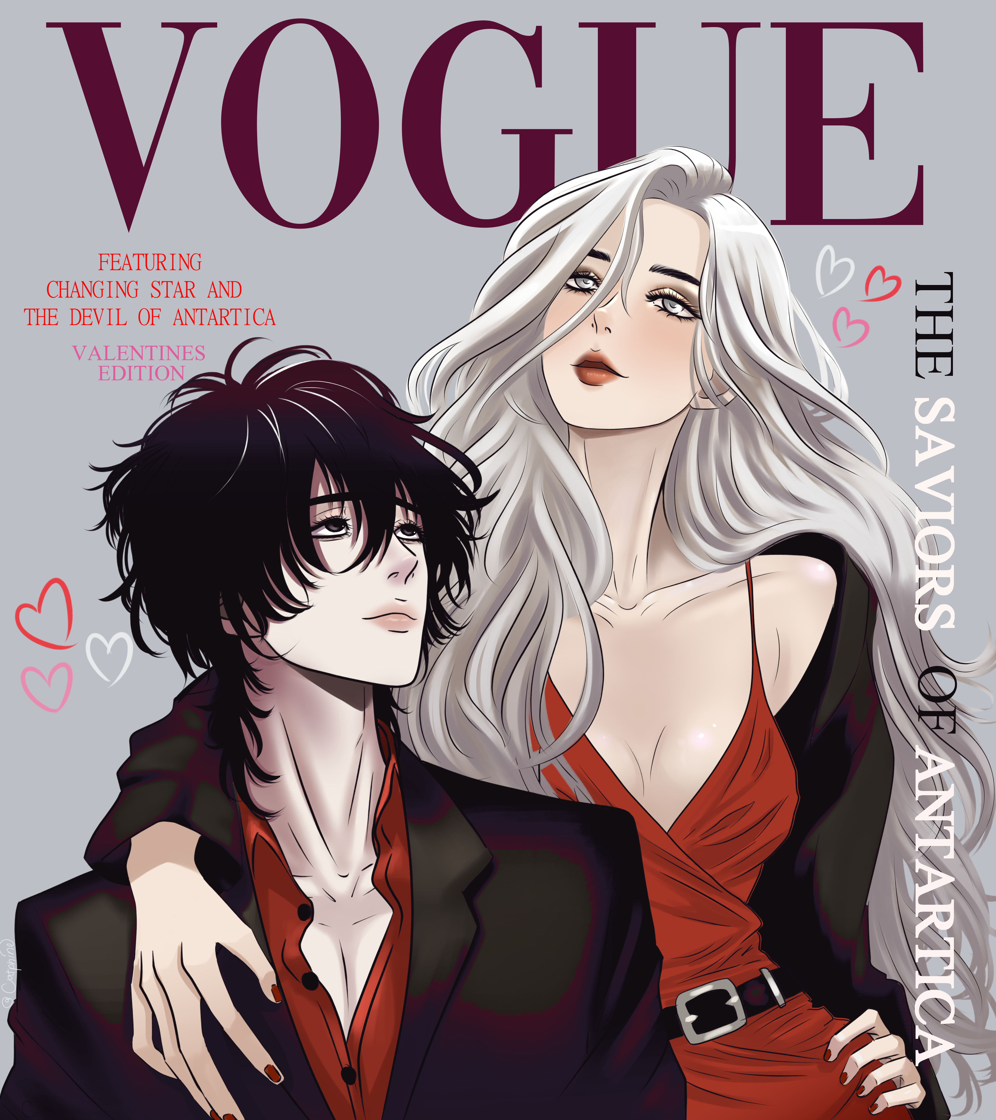 nephis (shadow slave), sunny (shadow slave), shadow slave, vogue (magazine), absurdres, highres, 1boy, 1girl, belt, black coat, black hair, black jacket, breasts, catphine, cleavage, coat, cover, dress, english text, green eyes, hand on another's chest, hand on own hip, hetero, jacket, jacket partially removed, long hair, looking at another, magazine cover, messy hair, red dress, red lips, red shirt, shirt, spaghetti strap, twisted torso, white hair