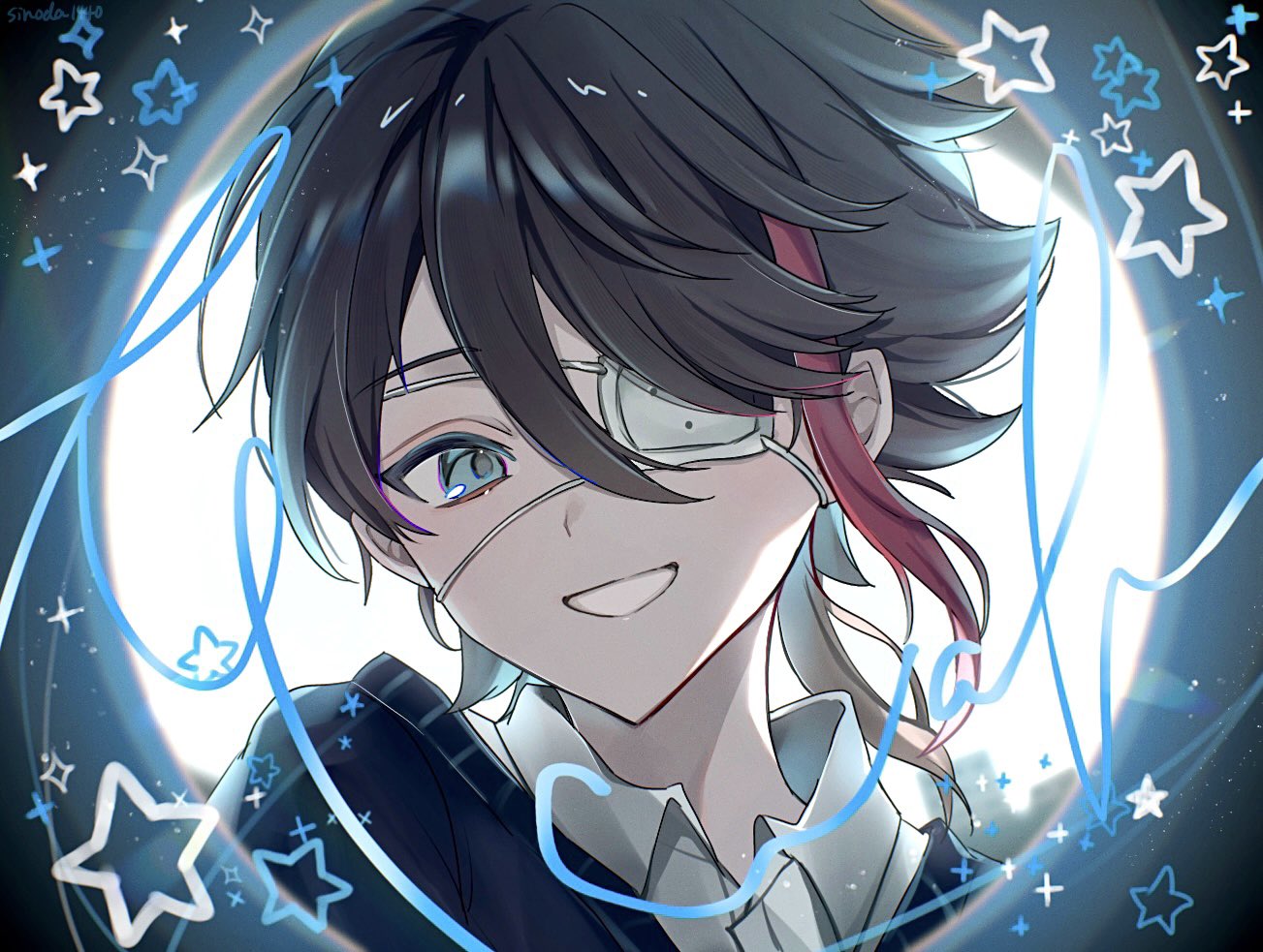 saegusa akina, monitoring (vocaloid), nijisanji, commentary, 1boy, blue eyes, brown hair, cardigan, eyepatch, grin, hair between eyes, looking at viewer, multicolored hair, portrait, pov peephole, short hair, sinoda1440, smile, solo, star (symbol), streaked hair, virtual youtuber