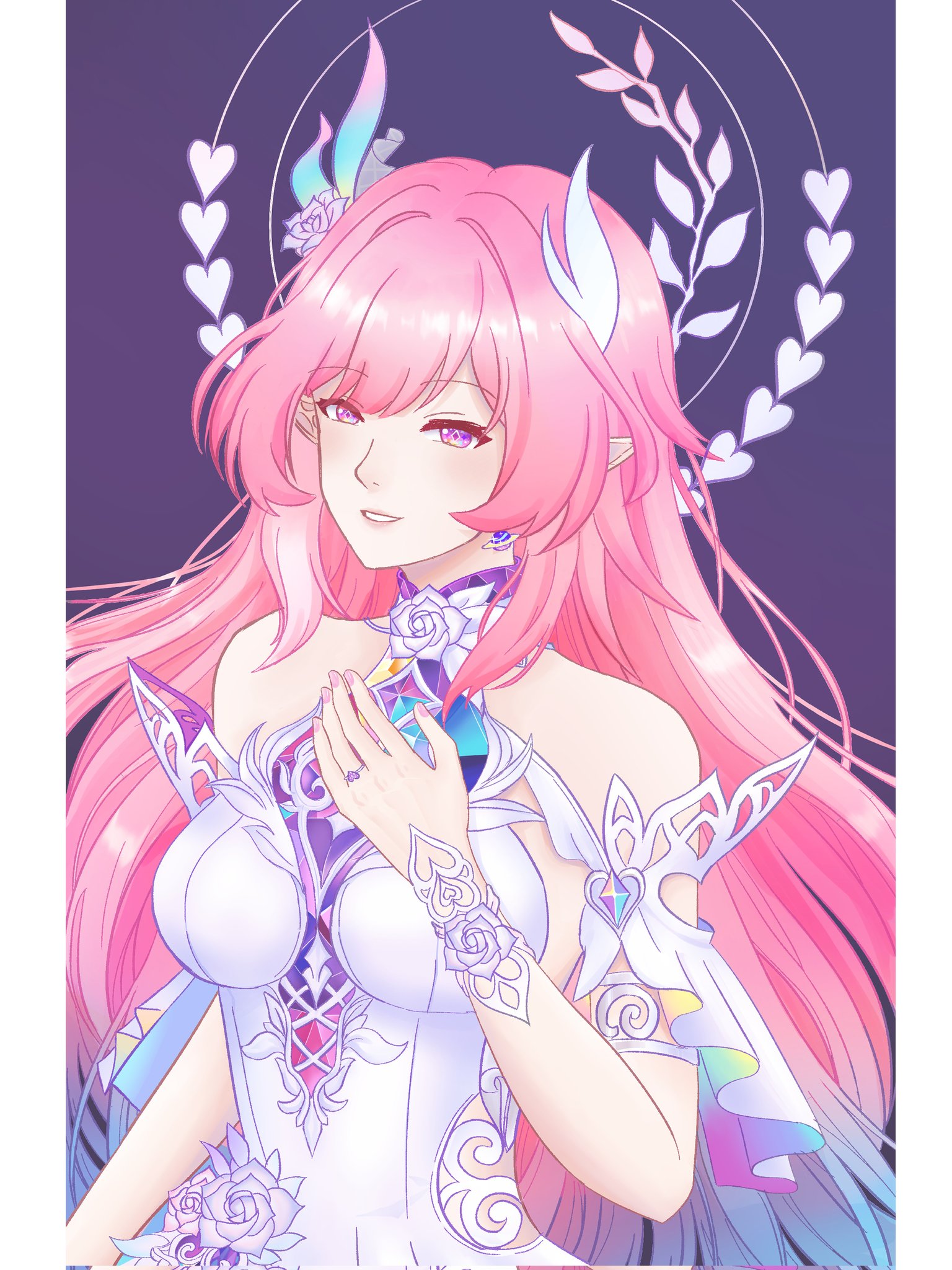 cyrene (honkai: star rail), honkai: star rail, honkai (series), commentary, corrupted twitter file, highres, symbol-only commentary, 1girl, aqua hair, bare shoulders, border, breasts, cyrene (demiurge) (honkai: star rail), diamond-shaped pupils, diamond (shape), dress, earrings, halo, jewelry, large breasts, long hair, louxueqin0414, multicolored hair, pink hair, pointy ears, purple background, purple eyes, solo, symbol-shaped pupils, very long hair, white border, white dress, white hair