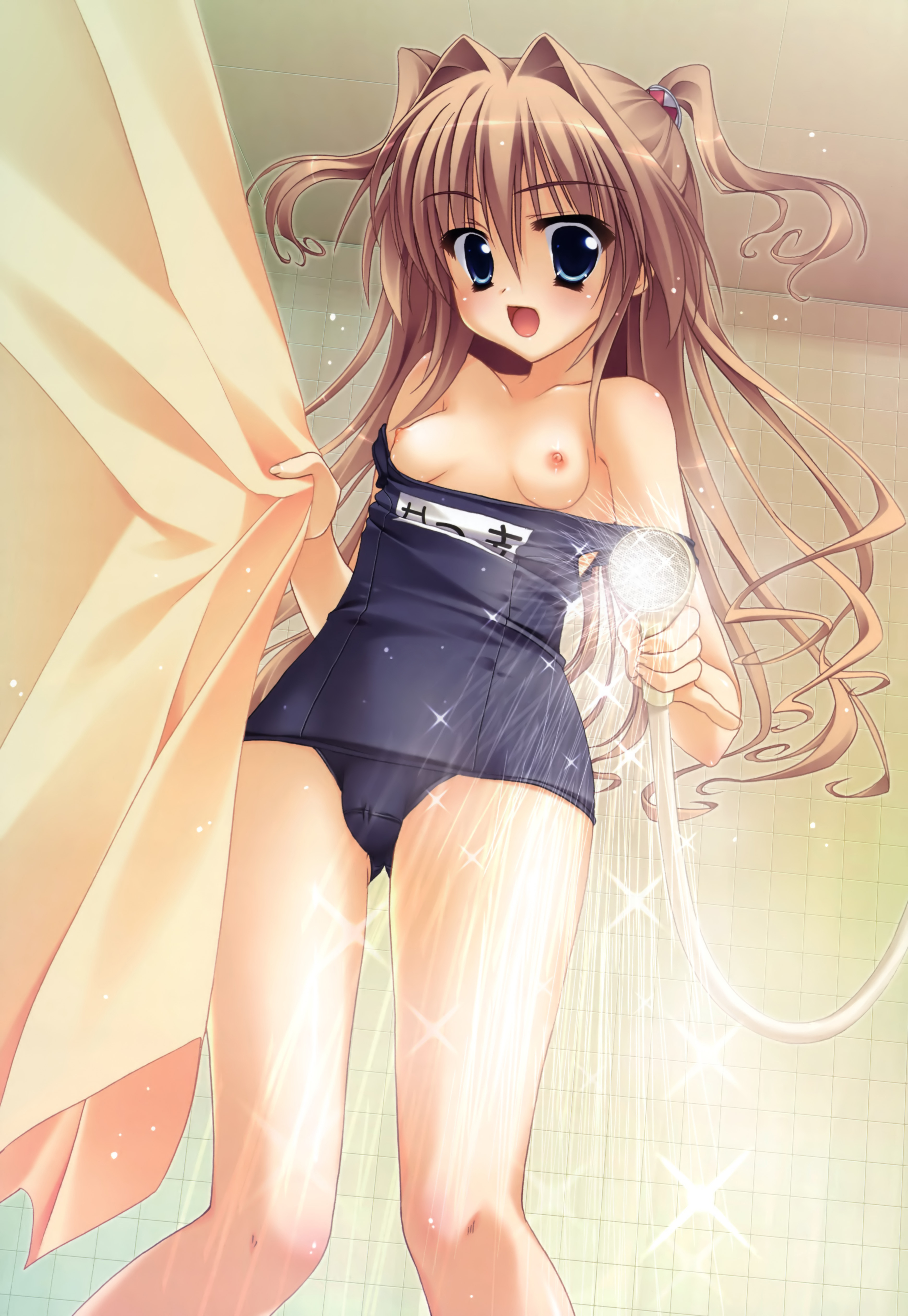 hinamatsuri touko, namisawa natsuki, imouto smile, absurdres, highres, 1girl, bath, bathing, bathroom, blue eyes, blush, breasts, brown hair, clothes pull, curtain grab, curtains, female focus, flat chest, loli, long hair, nipples, one-piece swimsuit, one-piece swimsuit pull, school swimsuit, shower head, showering, smile, solo, swimsuit, twintails, water, wet