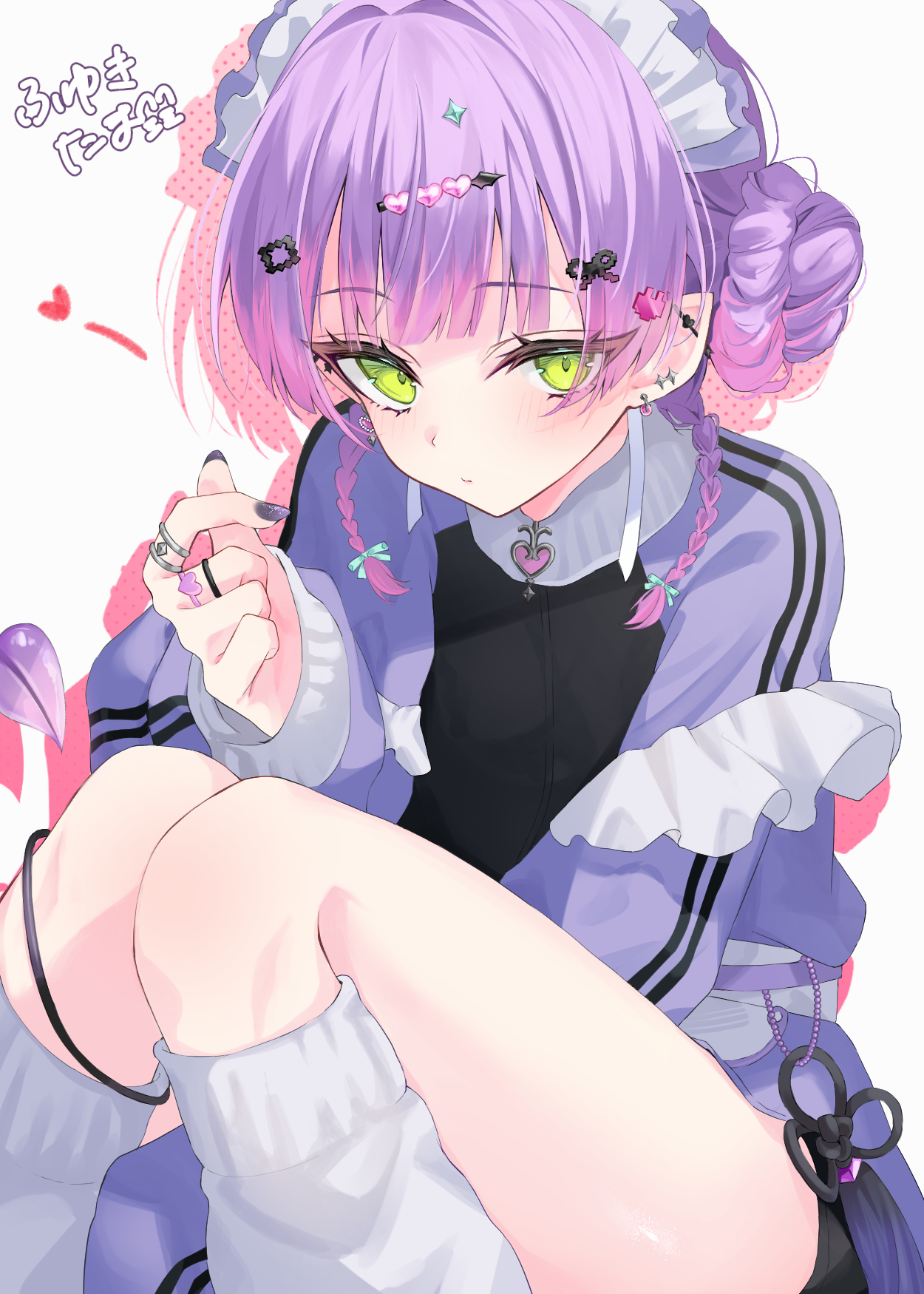 tokoyami towa, tokoyami towa (jersey maid), hololive, commentary, highres, symbol-only commentary, 1girl, armband, artist name, barbell piercing, black shorts, braid, diamond hair ornament, double bun, ear piercing, finger heart, frilled armband, frills, fuyukitama, gradient hair, green eyes, hair bun, heart, industrial piercing, jacket, jersey maid, jewelry, looking at viewer, maid, maid headdress, multicolored hair, official alternate costume, official alternate hairstyle, piercing, pink hair, pixel heart, purple hair, purple track suit, ring, shorts, solo, track suit, tube socks, twin braids, two-tone hair, unconventional maid, virtual youtuber