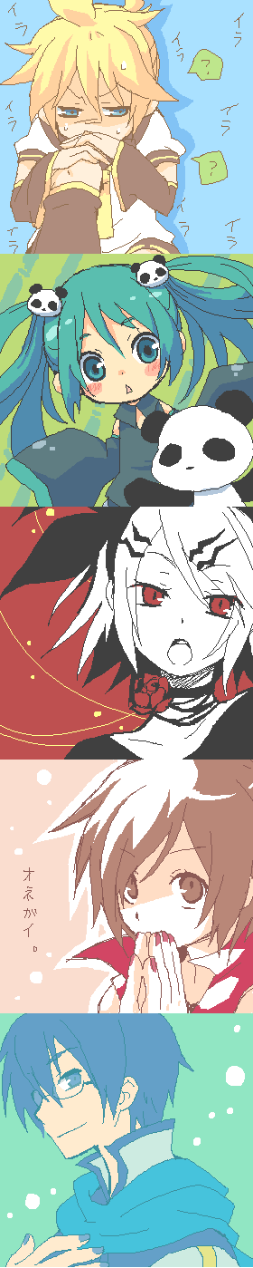 sunyspot, tsuyuka (sunny spot), hatsune miku, kagamine len, kagamine rin, kaito (vocaloid), meiko (vocaloid), aku no musume (vocaloid), vocaloid, highres, long image, tall image, 2boys, 3girls, aged down, blue scarf, flower, glasses, hair ornament, multiple boys, multiple girls, oekaki, panda, scarf, short hair, twintails