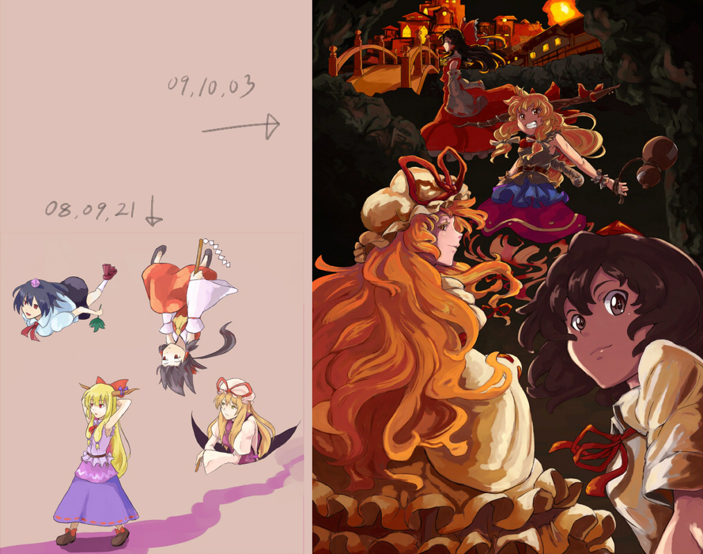 shibasaki shouji, hakurei reimu, ibuki suika, shameimaru aya, yakumo yukari, touhou, bad id, bad pixiv id, 4girls, black hair, blonde hair, bow, chain, comparison, detached sleeves, female focus, gap (touhou), geta, hat, horns, japanese clothes, long hair, miko, multiple girls, purple eyes, ribbon, short hair, tengu-geta, tokin hat