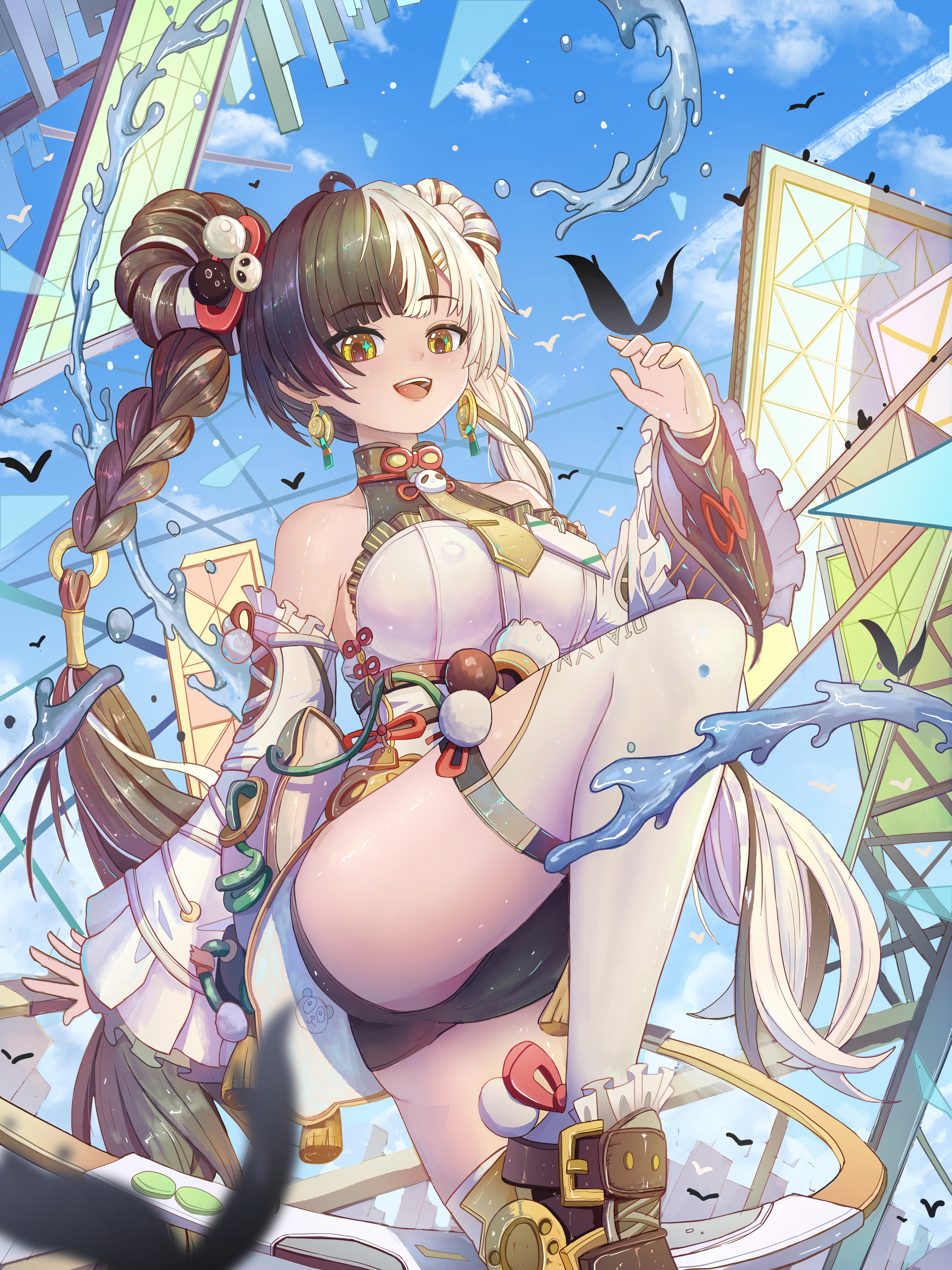 dialyn (zenless zone zero), zenless zone zero, absurdres, commentary request, highres, 1girl, ahoge, bare shoulders, black hair, black panties, black shoes, blue sky, blurry, blurry foreground, braid, braided twintails, cameltoe, china dress, chinese clothes, cloud, corded phone, detached sleeves, dress, earrings, hair extensions, hair ornament, hairclip, hand up, jewelry, leg up, long hair, looking at viewer, multicolored hair, necktie, open mouth, outdoors, panda hair ornament, panties, phone, ring hair extensions, shoes, sky, solo, sparkling eyes, splashing, split-color hair, thighhighs, underwear, user fras2454, water, water drop, white dress, white hair, white thighhighs, yellow eyes, yellow necktie