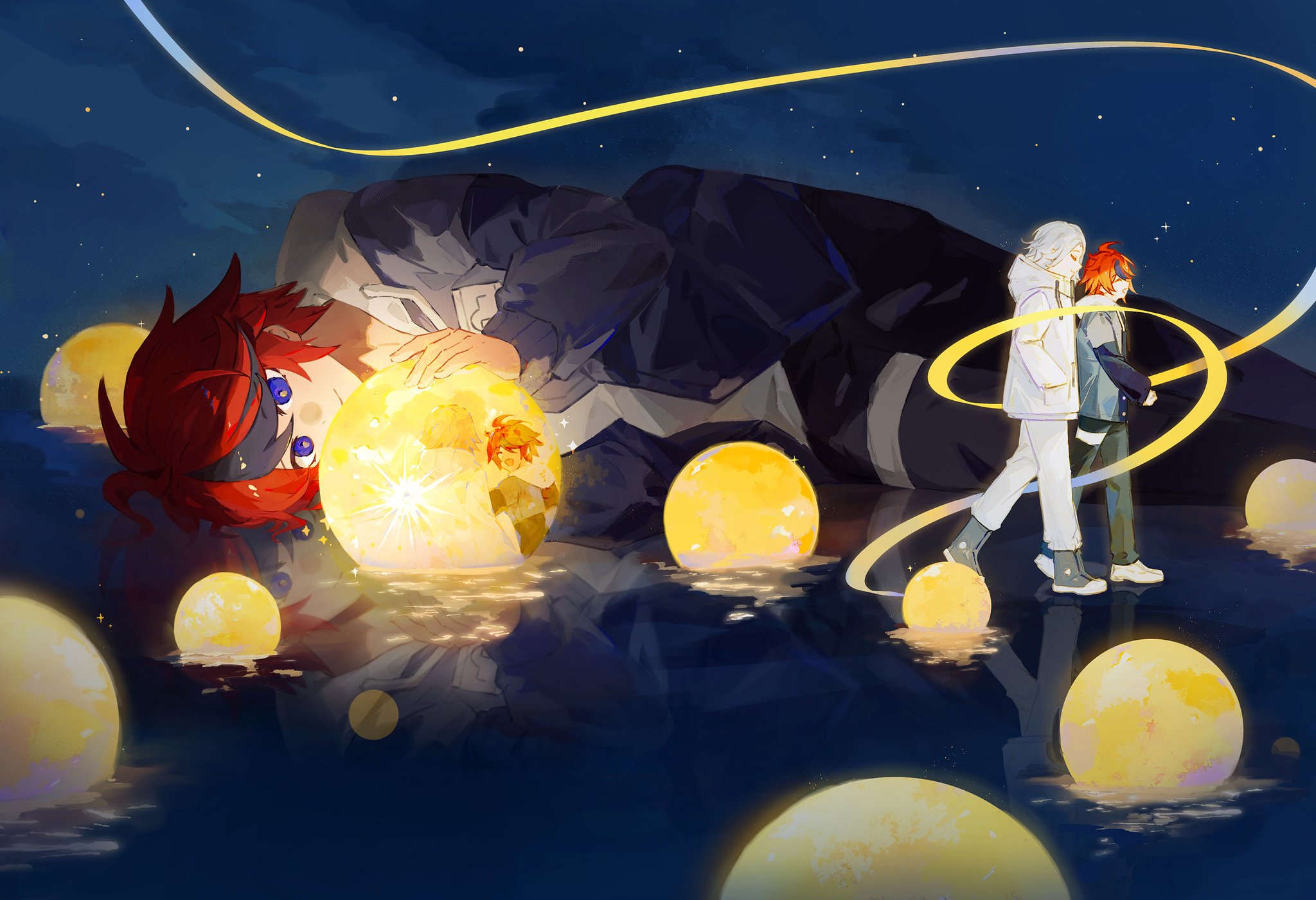 asako (pixiv 5702576), aotsuki eito, sumino takumi, the hundred line -last defense academy-, commentary, highres, 2boys, ahoge, black hair, black pants, black shoes, blue eyes, blue jacket, closed eyes, closed mouth, drawstring, grey jacket, hair between eyes, hands in pockets, hood, hood down, hooded jacket, hoodie, jacket, jacket over hoodie, long sleeves, male focus, multicolored hair, multicolored jacket, multiple boys, multiple views, night, no eyewear, open clothes, open jacket, open mouth, orb, outdoors, pants, red hair, ribbon, shoes, short hair, smile, star (sky), streaked hair, thigh strap, two-tone hair, two-tone jacket, walking, walking on liquid, water, white hair, white hoodie, white jacket, white pants, white shoes, yellow ribbon