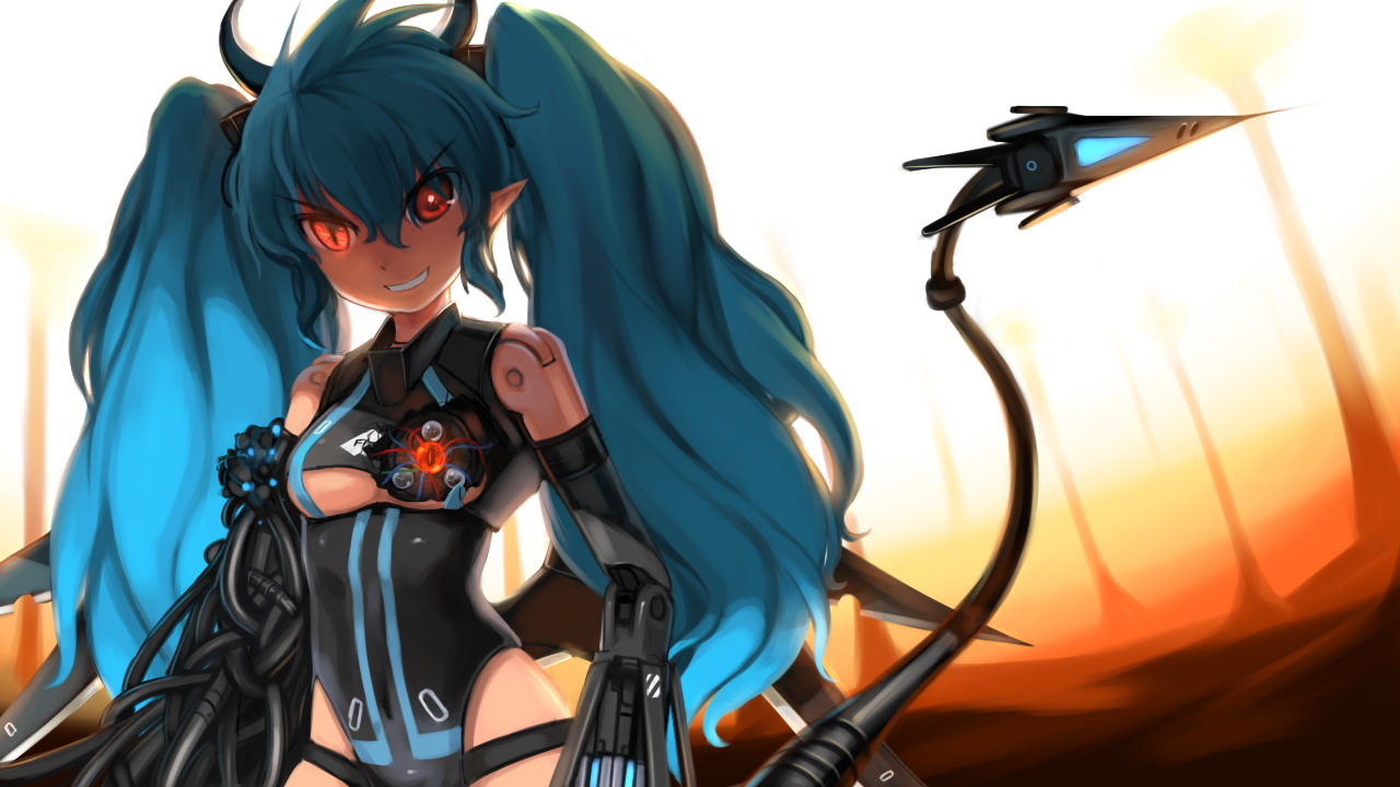 observerz, valona, busou shinki, bad id, bad pixiv id, 10s, 1girl, blue hair, cable, cable tail, doll joints, female focus, glowing, glowing eye, grin, joints, mechanical tail, pointy ears, red eyes, robot, slit pupils, smile, solo, tail, twintails