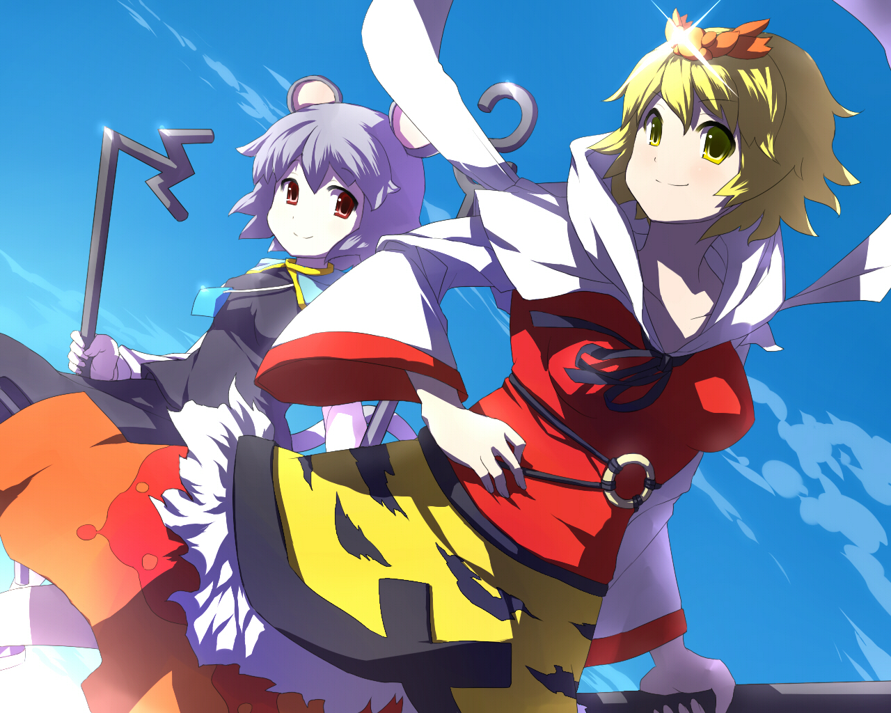 blue vert, nazrin, toramaru shou, touhou, 2girls, animal ears, blonde hair, cloud, female focus, grey hair, jewelry, mouse ears, mouse tail, multiple girls, outdoors, pendant, polearm, red eyes, shawl, short hair, sky, standing, tail, weapon, yellow eyes