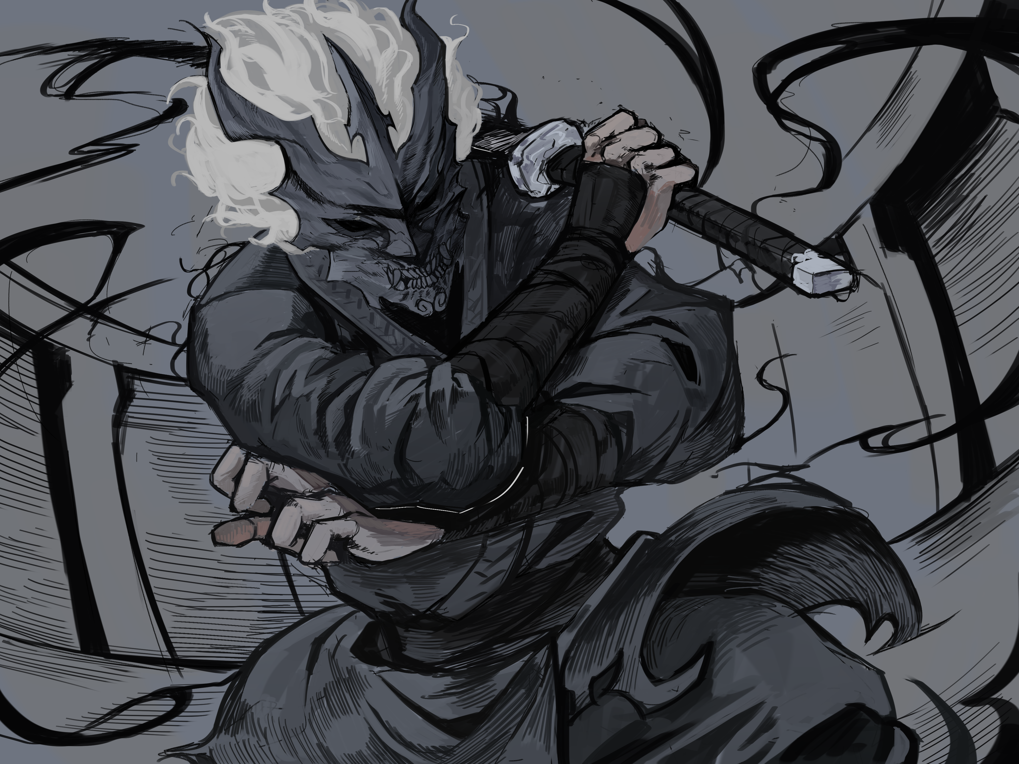 logicsterrr, sunny (shadow slave), shadow slave, absurdres, commentary, english commentary, highres, 1boy, black robe, black tunic, covered face, cowboy shot, crossed arms, empty eyes, fangs, fighting stance, from below, holding, holding sword, holding weapon, horns, mask, official alternate costume, robe, short hair, solo, sword, tunic, weapon, white hair