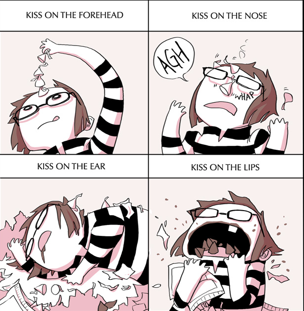 1girl, brown hair, candy, chocolate, english text, food, glasses, hershey's kisses, kiss chart, meme, multiple drawing challenge, short hair