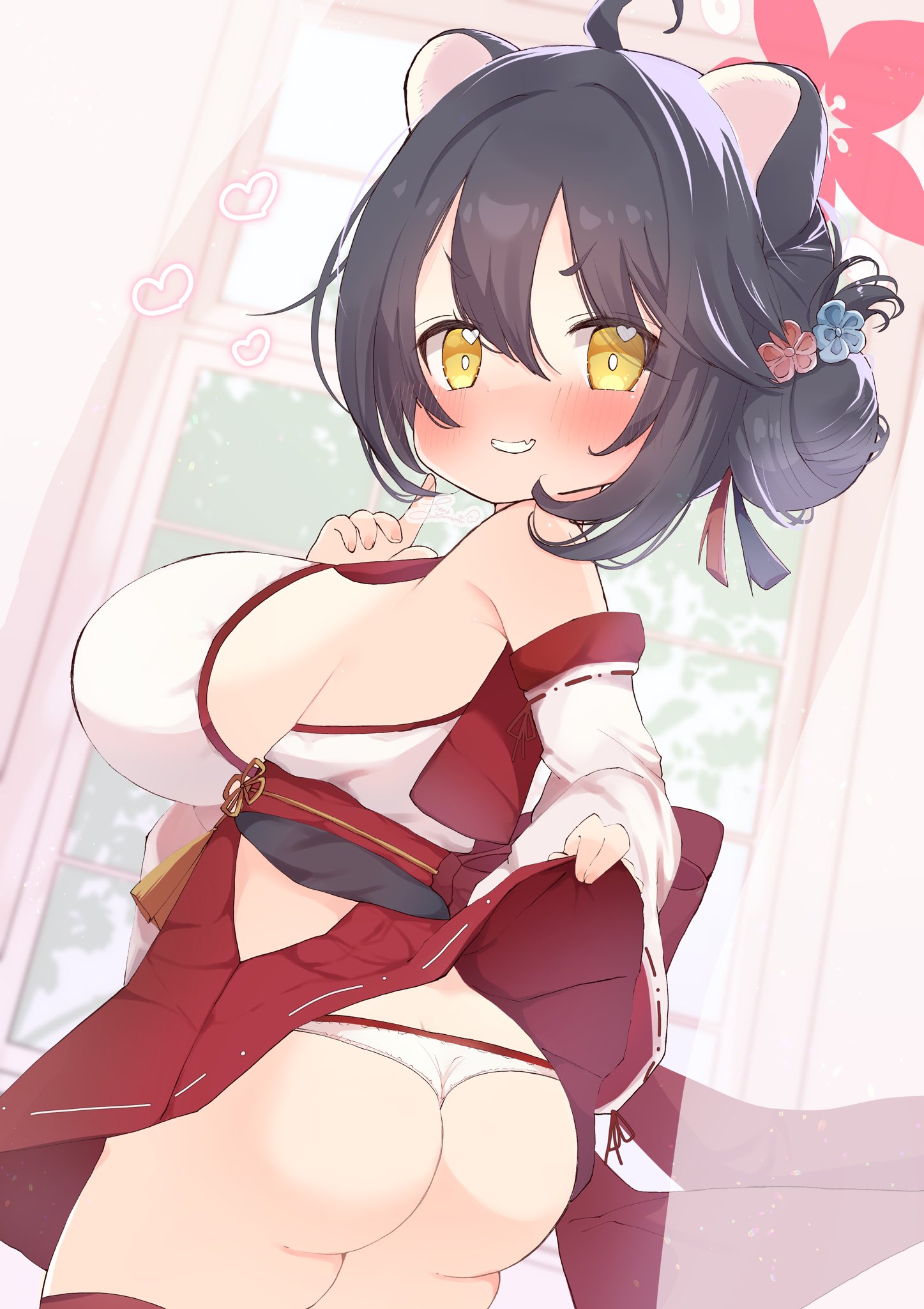 sena milk, kaede (blue archive), blue archive, 1girl, ahoge, animal ears, ass, black hair, blush, breasts, clothes lift, detached sleeves, fang, flower, from behind, hair bun, hair flower, hair ornament, hakama, hakama skirt, halo, hand on own chest, heart, huge breasts, index finger raised, japanese clothes, large breasts, looking back, micro panties, miko, panties, red skirt, shirt, sideboob, single hair bun, skin fang, skirt, skirt lift, smile, solo, standing, underwear, white panties, white shirt, white sleeves, yellow eyes