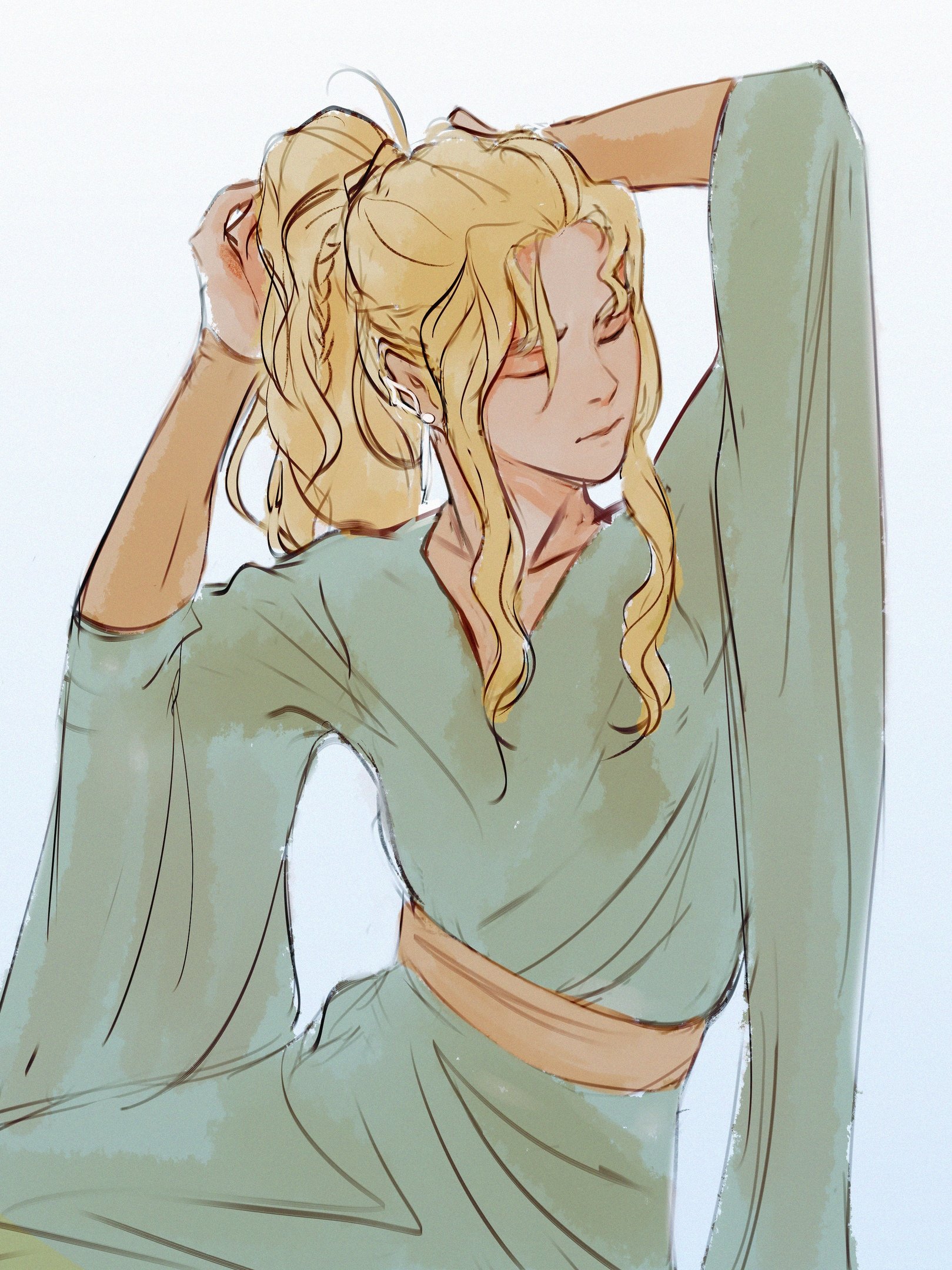 noquelle art, finrod felagund, the silmarillion, tolkien's legendarium, 1boy, androgynous, bare arms, blonde hair, braid, closed eyes, closed mouth, ear ornament, elf, high ponytail, jewelry, male focus, pointy ears, ponytail, robe, sidelocks, simple background, solo