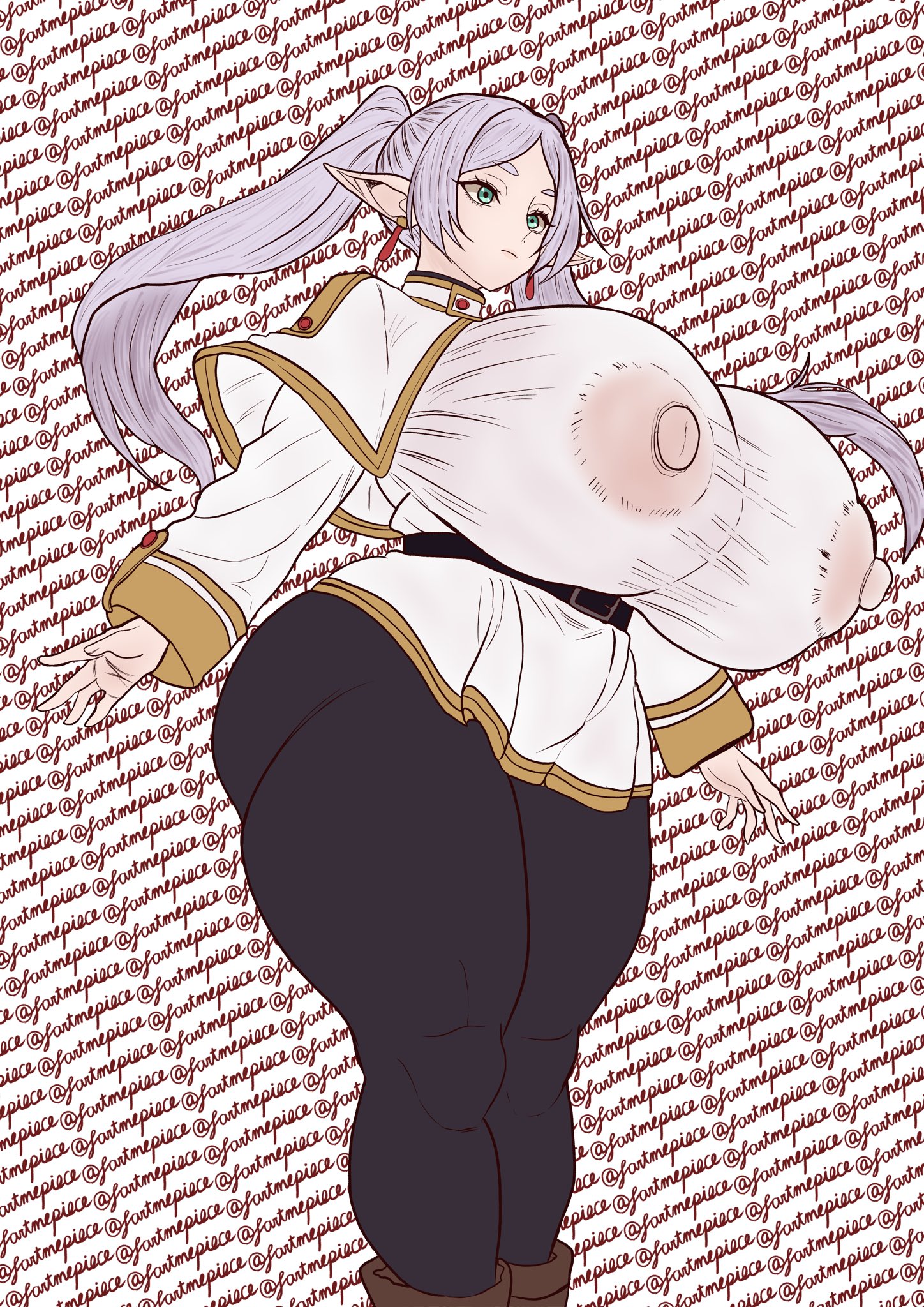 sartmepiece, frieren, sousou no frieren, 1girl, alternate breast size (larger), belt, black pantyhose, breasts, covered erect nipples, curvy, earrings, elf, gigantic breasts, green eyes, grey hair, huge breasts, jewelry, long hair, long twintails, no bra, pantyhose, pointy ears, see-through clothes, see-through shirt, shirt, solo, text background, thick thighs, thighs, twintails, twitter username, white shirt