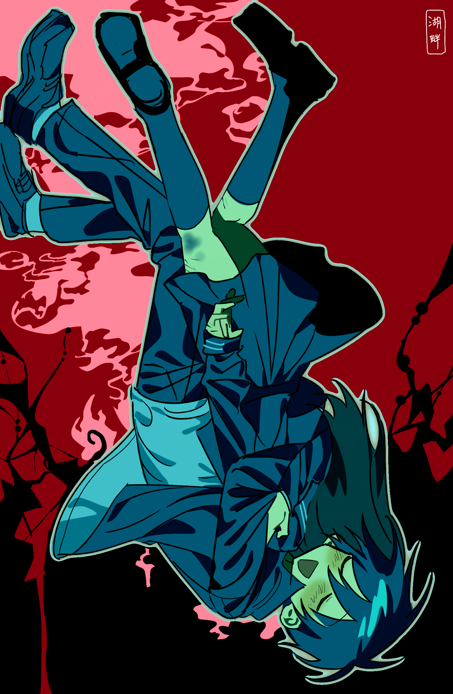 tsukada satoru, original, randal's friends, commentary request, highres, 1boy, 1girl, black hair, black jacket, black pants, black sailor collar, black serafuku, black shirt, black shoes, black skirt, black socks, blood, blood on hands, blush, bruise, bruise on leg, closed eyes, covered face, cuts, falling, floating clothes, floating hair, full body, gakuran, hair between eyes, head on another's shoulder, hetero, high collar, hug, injury, jacket, kneehighs, kohan oekaki, loafers, long hair, long sleeves, medium skirt, oc x canon, open clothes, open jacket, open mouth, pants, pleated skirt, sailor collar, school uniform, self-harm, self-harm scar, serafuku, shirt, shoes, short hair, signature, skirt, smile, socks, straight hair, upside-down, white shirt, white socks