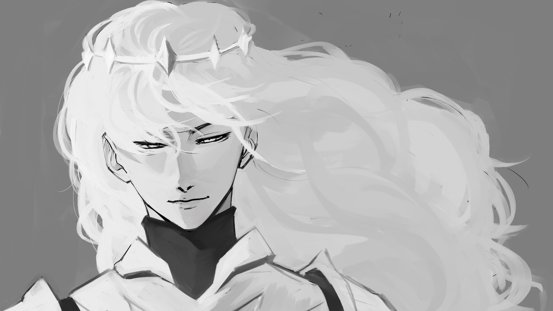 logicsterrr, nephis (shadow slave), shadow slave, commentary, english commentary, highres, 1girl, armor, black shirt, breastplate, crown, floating hair, greyscale, half-closed eyes, long hair, looking at viewer, monochrome, portrait, shirt, shoulder armor, smirk, solo, white eyes, white hair