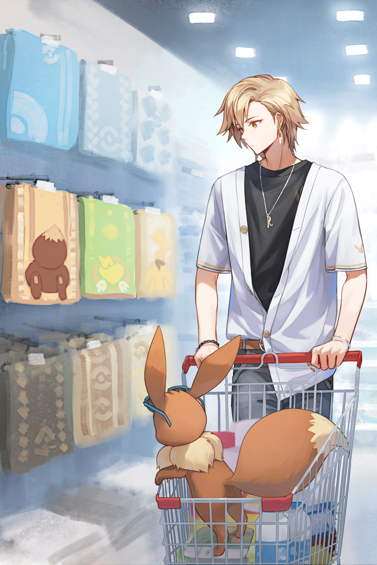 shine cheese, eevee, nintendo, original, pokemon, commentary request, highres, 1boy, blonde hair, gen 1 pokemon, indoors, jewelry, male focus, necklace, pokemon (creature), shirt, shirt partially tucked in, shopping, shopping cart, short hair, short sleeves, standing, supermarket, towel, white shirt