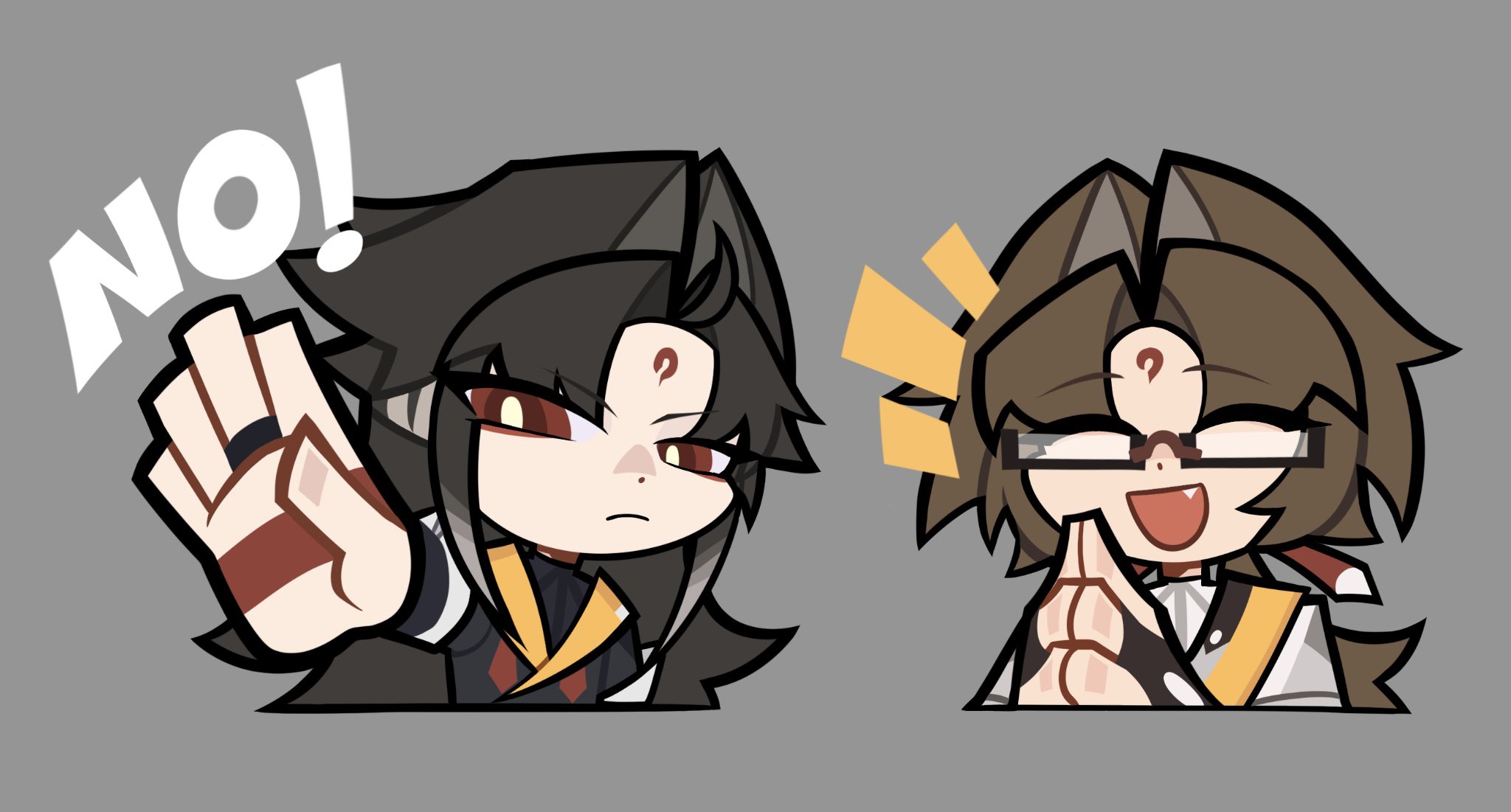 tofuisstilltofu, ye shiyuan, zenless zone zero, commentary, english commentary, highres, 1boy, :d, ^ ^, black hair, brown hair, chibi, chibi only, closed eyes, cropped torso, fang, frown, glasses, grey background, long hair, male focus, multiple views, official style, open mouth, red eyes, smile