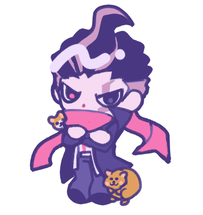 cham-p, sun-d, tanaka gundham, danganronpa (series), danganronpa 2: goodbye despair, commentary, english commentary, lowres, 1boy, black hair, black jacket, black shoes, catp0sse, chibi, chibi only, crossed arms, full body, grey hair, grey pants, hamster, jacket, long sleeves, male focus, multicolored hair, open clothes, open jacket, pants, pink scarf, scar, scar across eye, scar on face, scarf, shoes, short hair, simple background, solo, two-tone hair, v-shaped eyes, white background