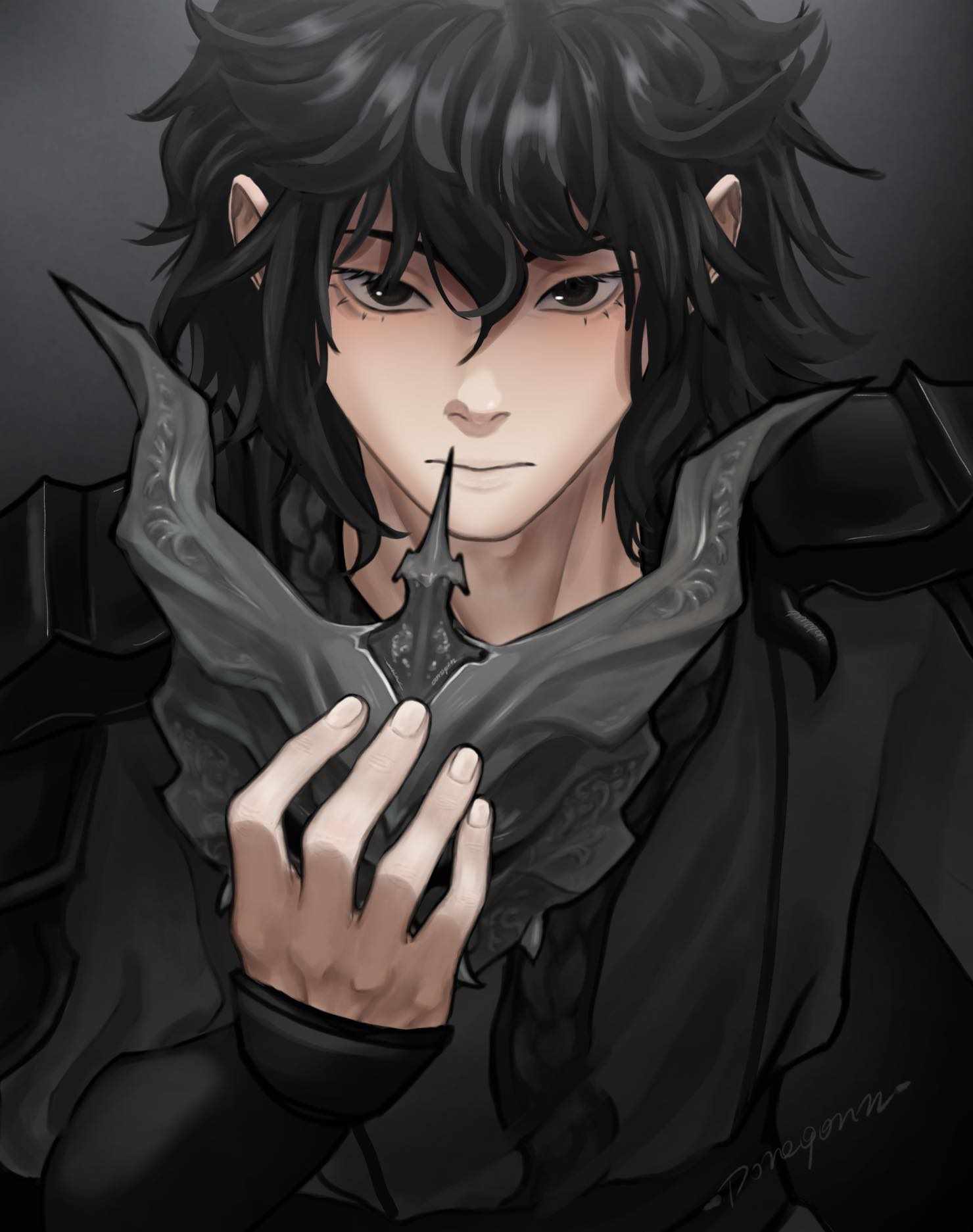 sunny (shadow slave), shadow slave, artist request, commentary, commission, commissioner upload, english commentary, highres, second-party source, 1boy, armor, black eyes, black hair, black robe, black tunic, holding, holding mask, horns, looking at viewer, male focus, mask, messy hair, robe, shoulder armor, solo, tunic, upper body