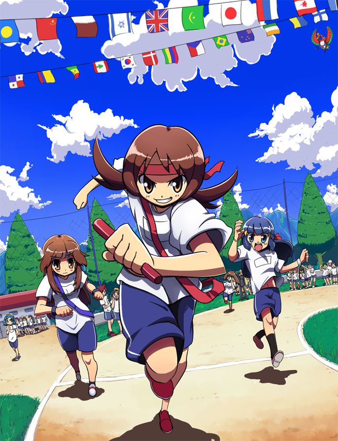 yonayo, cynthia (pokemon), dawn (pokemon), ethan (pokemon), ho-oh, kris (pokemon), leaf (pokemon), lyra (pokemon), may (pokemon), maylene (pokemon), silver (pokemon), swimmer (pokemon), nintendo, pokemon, pokemon dppt, pokemon frlg, pokemon gsc, pokemon hgss, pokemon rse, baton, bad id, bad pixiv id, 00s, 1990s (style), 6+boys, 6+girls, bird, blue eyes, blue hair, brazilian flag, brown hair, canadian flag, cloud, colombian flag, czech flag, day, finnish flag, flag, flags of all nations, gen 2 pokemon, grin, gym uniform, headband, irish flag, israeli flag, japanese flag, lebanese flag, legendary pokemon, multiple boys, multiple girls, npc trainer, palauan flag, panama flag, people's republic of china flag, pokemon (creature), racing, relay baton, relay race, retro artstyle, russian flag, shorts, sky, smile, south korean flag, string of flags, track and field, tree, ukrainian flag, union jack, yellow eyes