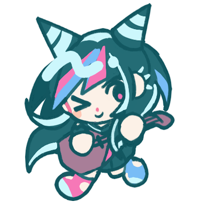 mioda ibuki, danganronpa (series), danganronpa 2: goodbye despair, commentary, english commentary, lowres, > o, 1girl, black hair, blue hair, blue streaks, catp0sse, chibi, chibi only, closed mouth, ear piercing, full body, guitar, hair horns, holding, holding guitar, holding instrument, instrument, long hair, mismatched shoes, multicolored hair, one eye closed, piercing, pink hair, pink streaks, simple background, smile, solo, streaked hair, white background, white hair