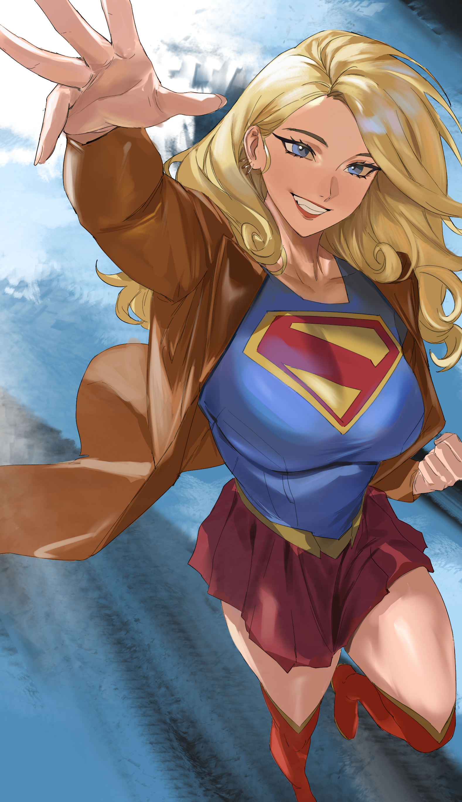 taiyang yu, supergirl, dc comics, superman (series), absurdres, commentary request, highres, 1girl, blonde hair, blue eyes, blue shirt, boots, breasts, brown jacket, earrings, grin, jacket, jewelry, large breasts, long hair, looking at viewer, reaching, reaching towards viewer, red boots, red skirt, shirt, skirt, smile, solo, supergirl (2026), superhero costume, superman logo