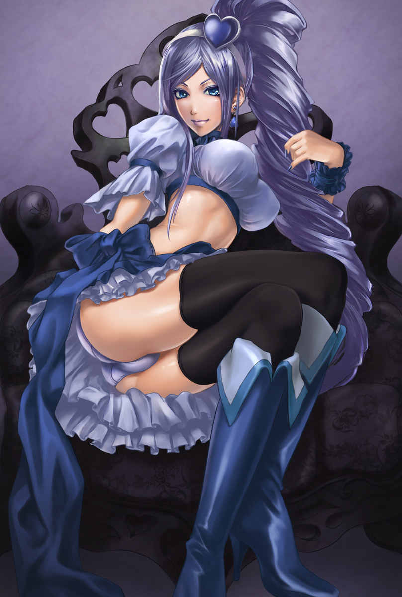 sadakage, aono miki, cure berry, fresh precure!, precure, blue footwear, highres, 00s, 1girl, black thighhighs, blue nails, boots, breasts, crop top, crossed legs, earrings, female focus, fingernails, hair ornament, heart, heart hair ornament, high heel boots, high heels, jewelry, knee boots, large breasts, legs, lips, long hair, looking at viewer, magical girl, midriff, nail polish, panties, purple hair, shoes, sitting, solo, thighhighs, underwear, very long hair