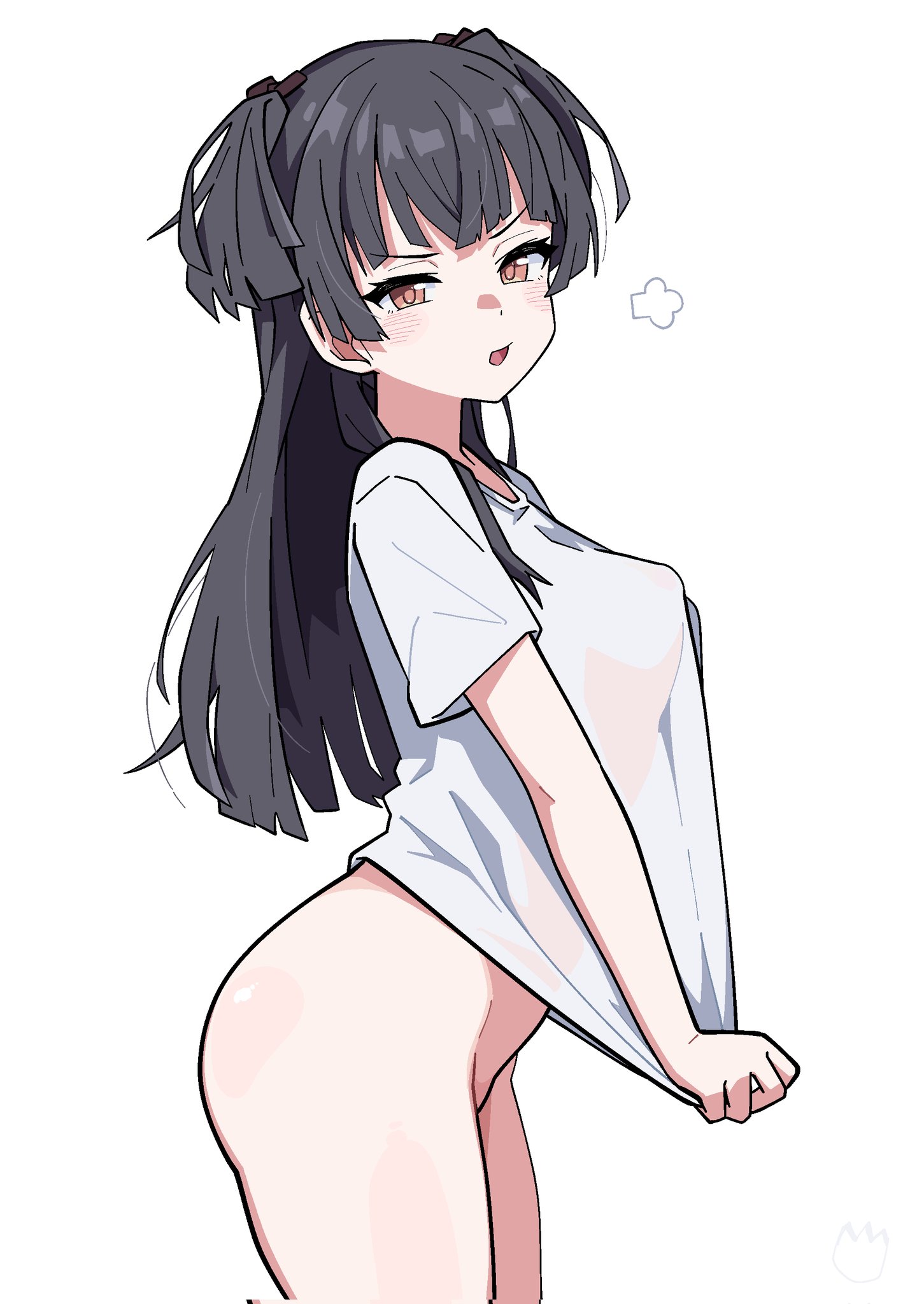 ohgi910, mayuzumi fuyuko, idolmaster, idolmaster shiny colors, commentary, corrupted twitter file, highres, 1girl, black hair, bottomless, breasts, brown eyes, cowboy shot, from side, long hair, looking at viewer, looking to the side, naked shirt, no bra, open mouth, see-through clothes, see-through shirt, shirt, shirt tug, short sleeves, simple background, solo, standing, t-shirt, two side up, white background, white shirt