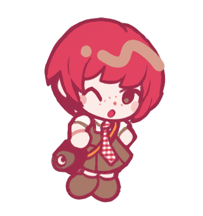 koizumi mahiru, danganronpa (series), danganronpa 2: goodbye despair, commentary, english commentary, lowres, ;o, blush, blush stickers, brown dress, brown shoes, camera, catp0sse, chibi, chibi only, dress, freckles, full body, necktie, one eye closed, open mouth, pinafore dress, plaid clothes, plaid necktie, red hair, red necktie, shirt, shoes, short hair, simple background, sleeveless, sleeveless dress, solo, white background, white shirt