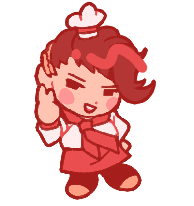 hanamura teruteru, danganronpa (series), danganronpa 2: goodbye despair, commentary, english commentary, lowres, 1boy, apron, blush, blush stickers, brown hair, catp0sse, chef hat, chibi, chibi only, dot nose, full body, hat, male focus, narrowed eyes, neckerchief, open mouth, red apron, red neckerchief, shirt, short hair, simple background, smile, solo, v, white background, white hat, white shirt