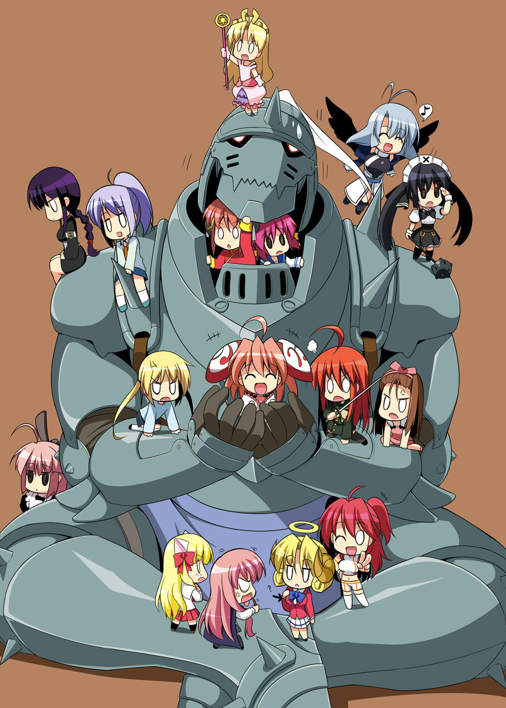 hoppege, alphonse elric, camyu, edelweiss (dokkoida), hoihoi-san, kagura (gintama), kooh (pangya), kugimiya rie, kurotsuchi nemu, louise francoise le blanc de la valliere, magami megumi, mihashigo sabato, mimi (mnemosyne), minase iori, nena trinity, rizel, sanzen'in nagi, shana, uematsu koboshi, bleach, bokusatsu tenshi dokuro-chan, dokkoida, fullmetal alchemist, gintama, gundam, gundam 00, hayate no gotoku!, ichigeki sacchuu!! hoihoi-san, idolmaster, idolmaster (classic), mnemosyne, only you, only you recross, pangya, pita ten, rizelmine, shakugan no shana, utawarerumono, zero no tsukaima, annotated, highres, 00s, 1boy, 6+girls, :o, ^ ^, ahoge, animal ears, antenna hair, armband, armor, blonde hair, blue hair, braid, breast envy, brown hair, cat ears, chibi, closed eyes, crossed legs, crossover, flying, freckles, frills, glowing, glowing eyes, grey hair, hair ornament, hair ribbon, halo, headband, helmet, holding, horns, indian style, kneeling, long hair, mace, maid headdress, military, military uniform, mini person, minigirl, multiple crossover, multiple girls, musical note, o o, one eye closed, orange hair, pink hair, pointer, ponytail, red hair, ribbon, school uniform, sitting, skirt, staff, star (symbol), sweatdrop, tiara, twintails, two side up, v, voice actor connection, wand, weapon, wings, wink