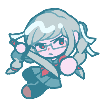 pekoyama peko, danganronpa (series), danganronpa 2: goodbye despair, commentary, english commentary, lowres, black pantyhose, black shirt, braid, catp0sse, chibi, chibi only, closed mouth, full body, glasses, grey-framed eyewear, grey hair, grey skirt, hair ribbon, holding, holding sword, holding weapon, long hair, neckerchief, pantyhose, rectangular eyewear, red neckerchief, red shoes, ribbon, semi-rimless eyewear, shirt, shoes, simple background, skirt, solo, sword, twin braids, twintails, weapon, white background, white ribbon