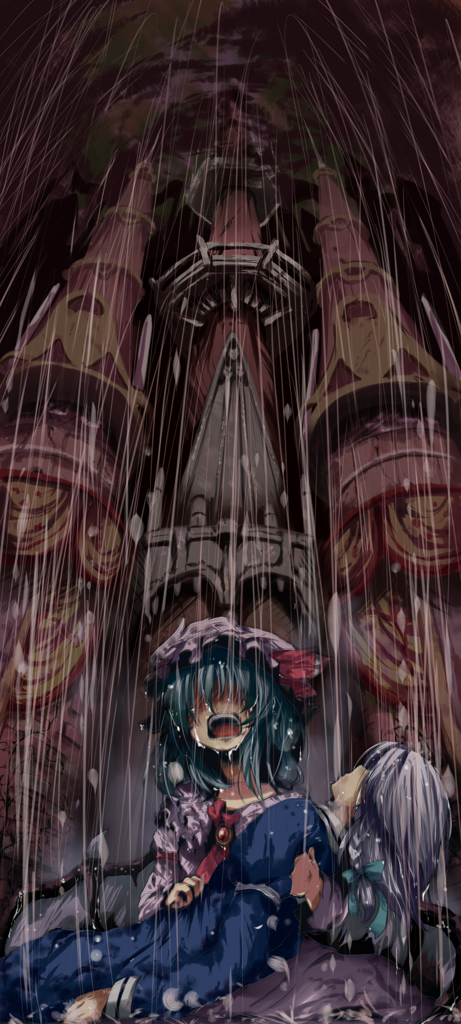 nejime, izayoi sakuya, remilia scarlet, touhou, silver hair, bad id, bad pixiv id, highres, 2girls, bad end, blue hair, braid, crying, female focus, hat, multiple girls, rain, sad, tears, wings