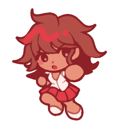 owari akane, danganronpa (series), danganronpa 2: goodbye despair, commentary, english commentary, lowres, 1girl, :o, blush, blush stickers, brown hair, catp0sse, chibi, chibi only, dark-skinned female, dark skin, full body, long hair, open mouth, red skirt, shirt, shoes, simple background, skirt, solo, tan, white background, white shirt, white shoes