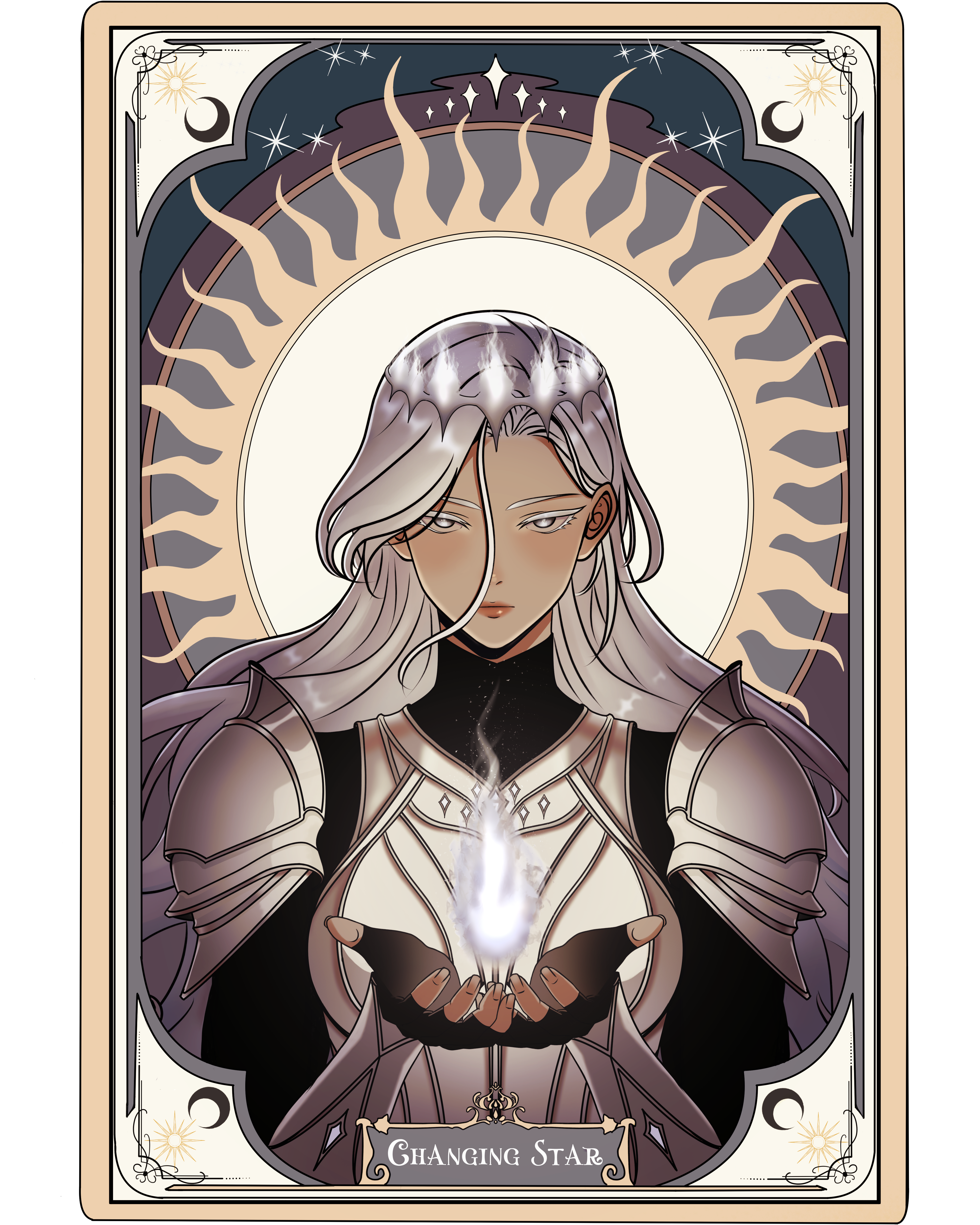 nephis (shadow slave), shadow slave, absurdres, commentary, english commentary, highres, 1girl, armor, black gloves, breastplate, burning, card, catphine, crown, fingerless gloves, fire, gloves, grey eyes, long hair, looking at viewer, magic, own hands together, shoulder armor, solo, sun behind head, tarot, tarot card, upper body, wavy hair, white hair