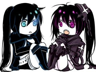 black rock shooter (character), insane black rock shooter, black rock shooter, bad id, bad pixiv id, lowres, 10s, ahoge, armor, black hair, boots, chibi, coat, fangs, glowing, glowing eyes, long hair, qvga, shorts, twintails, very long hair